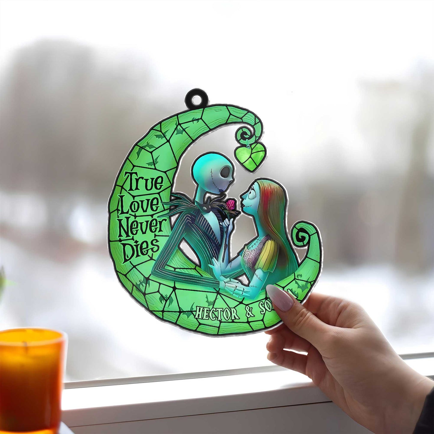 365Gifty personalized Halloween suncatcher ornament featuring a skeleton couple with True Love Never Dies text