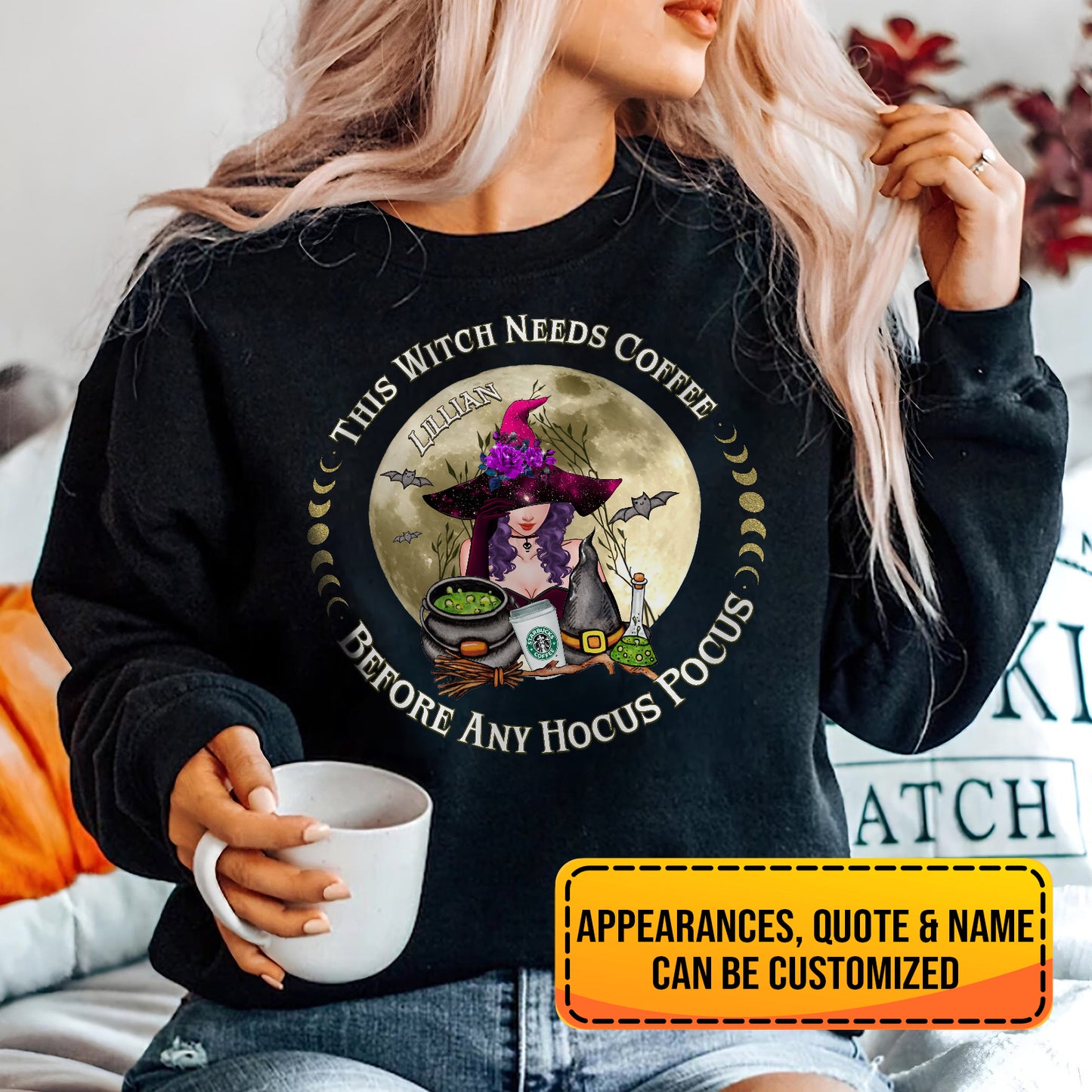 365Gifty personalized Halloween sweatshirt with witch and coffee design customizable with name and quote