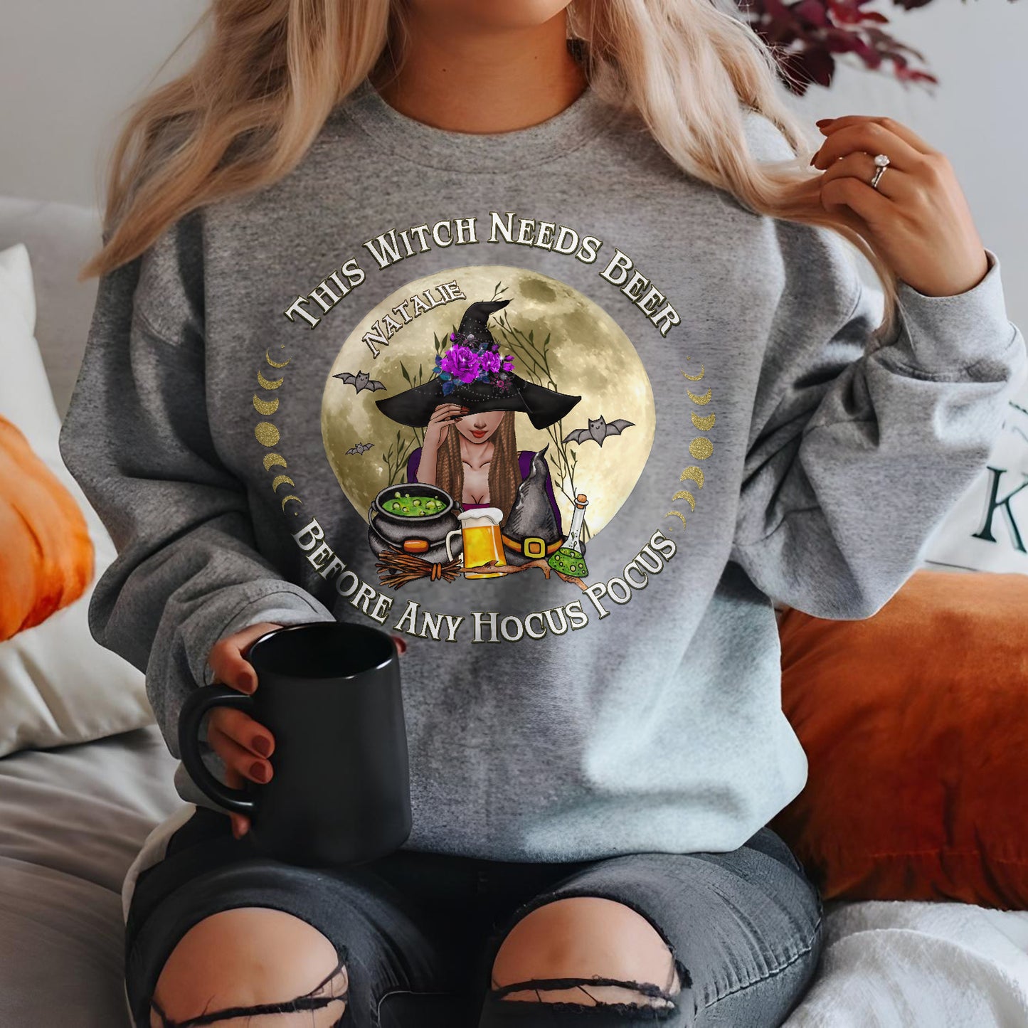 Grey personalized Halloween sweatshirt with witch graphic and phrase this witch needs beer by 365Gifty