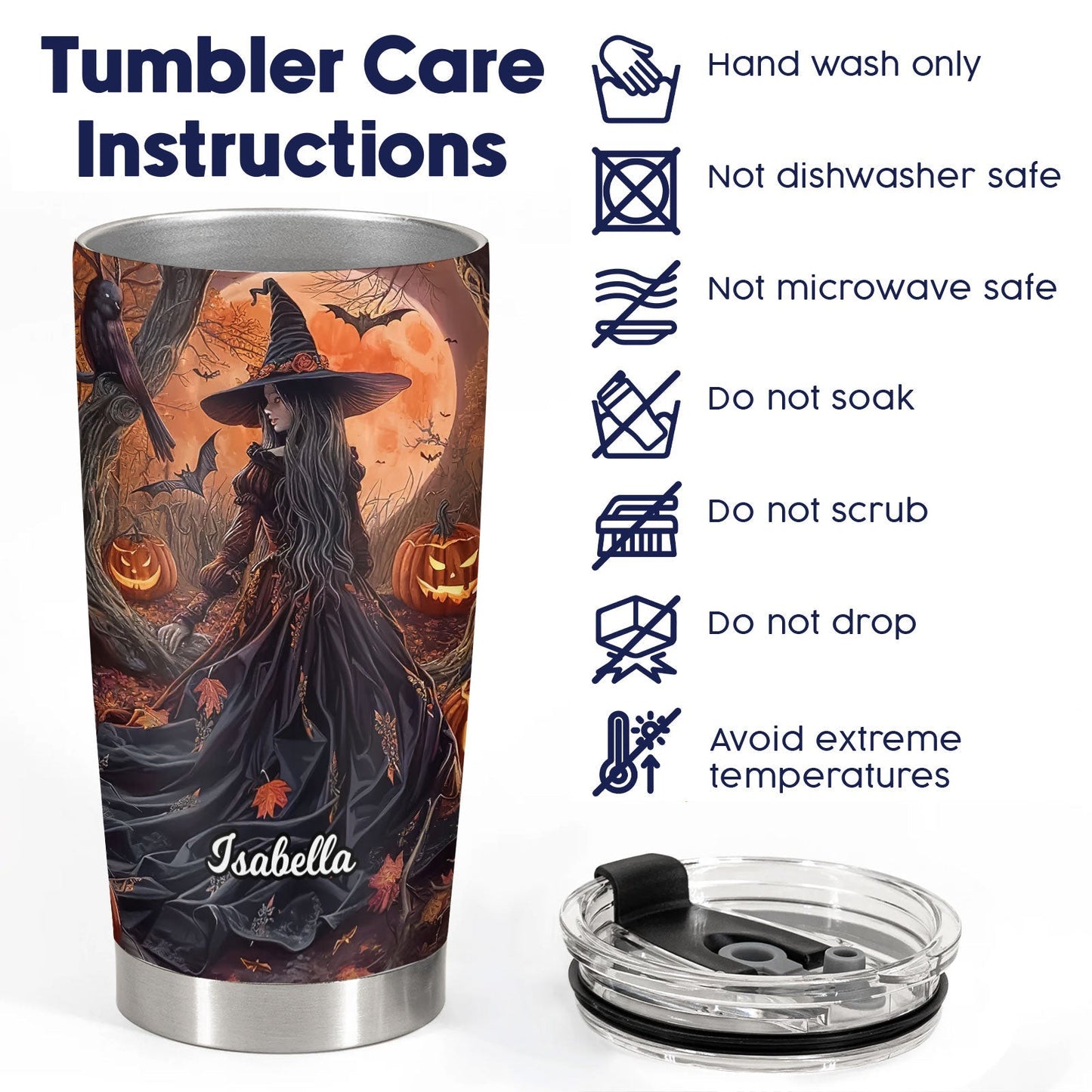 Personalized Halloween witch tumbler with dark witch design and pumpkins by 365Gifty with care instructions