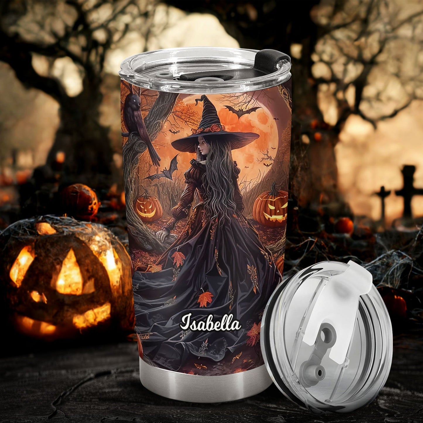 365Gifty personalized Halloween witch tumbler with witch design and name Isabella in spooky autumn setting
