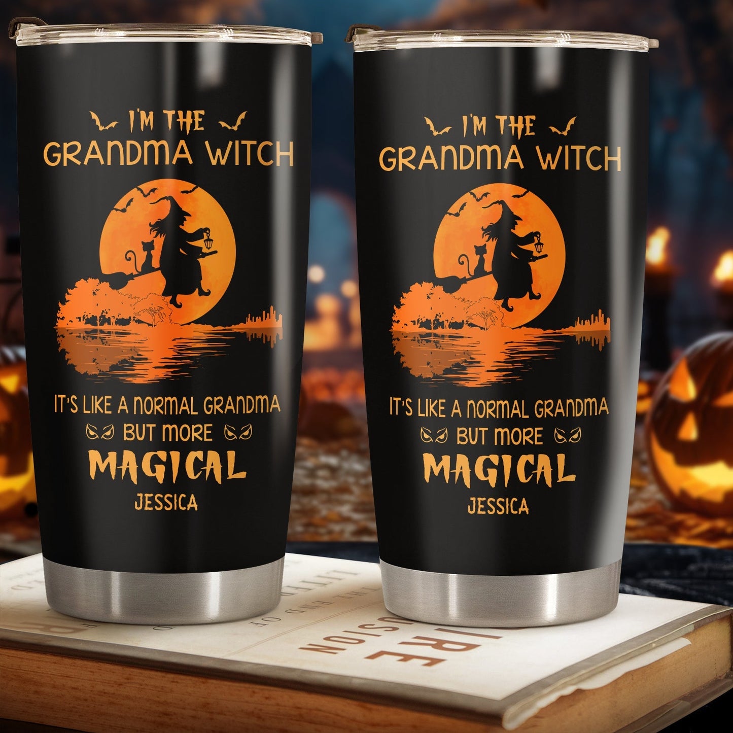 Personalized Halloween witch tumbler with Grandma Witch design and orange moon graphic by 365Gifty