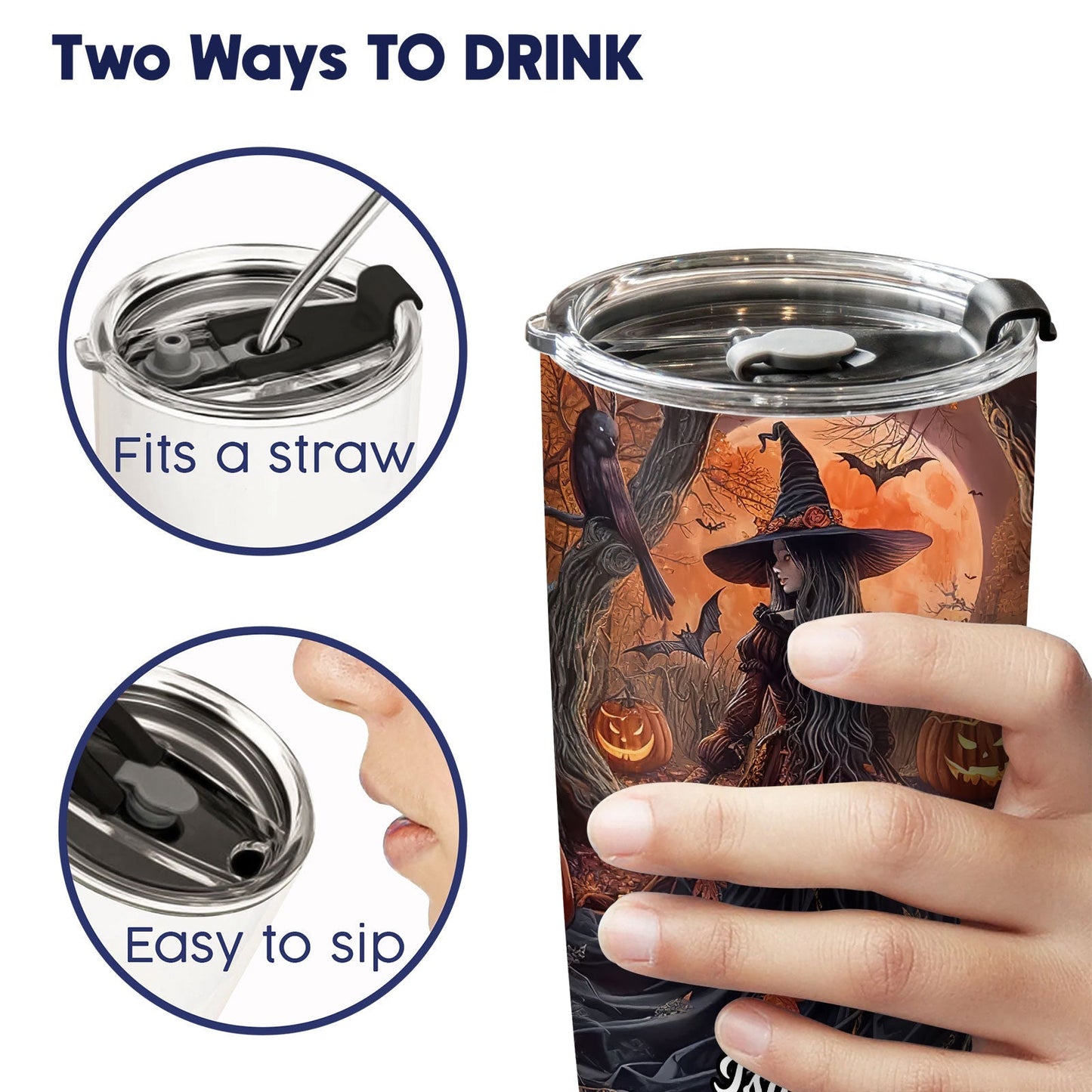 Personalized Halloween witch tumbler with straw and sip options held in hand featuring witch and pumpkin design