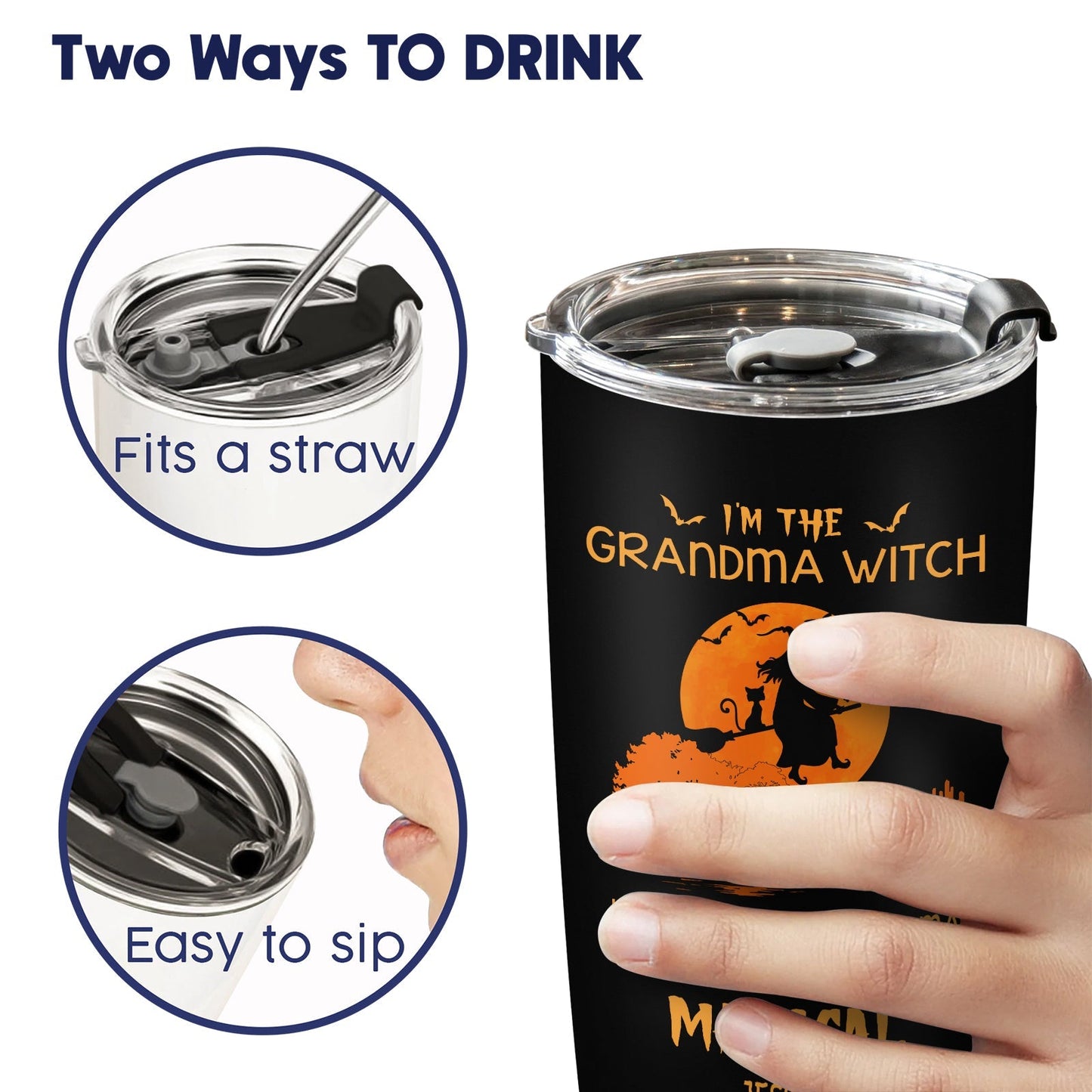 365Gifty personalized Halloween witch tumbler with straw and easy sip lid held in hand