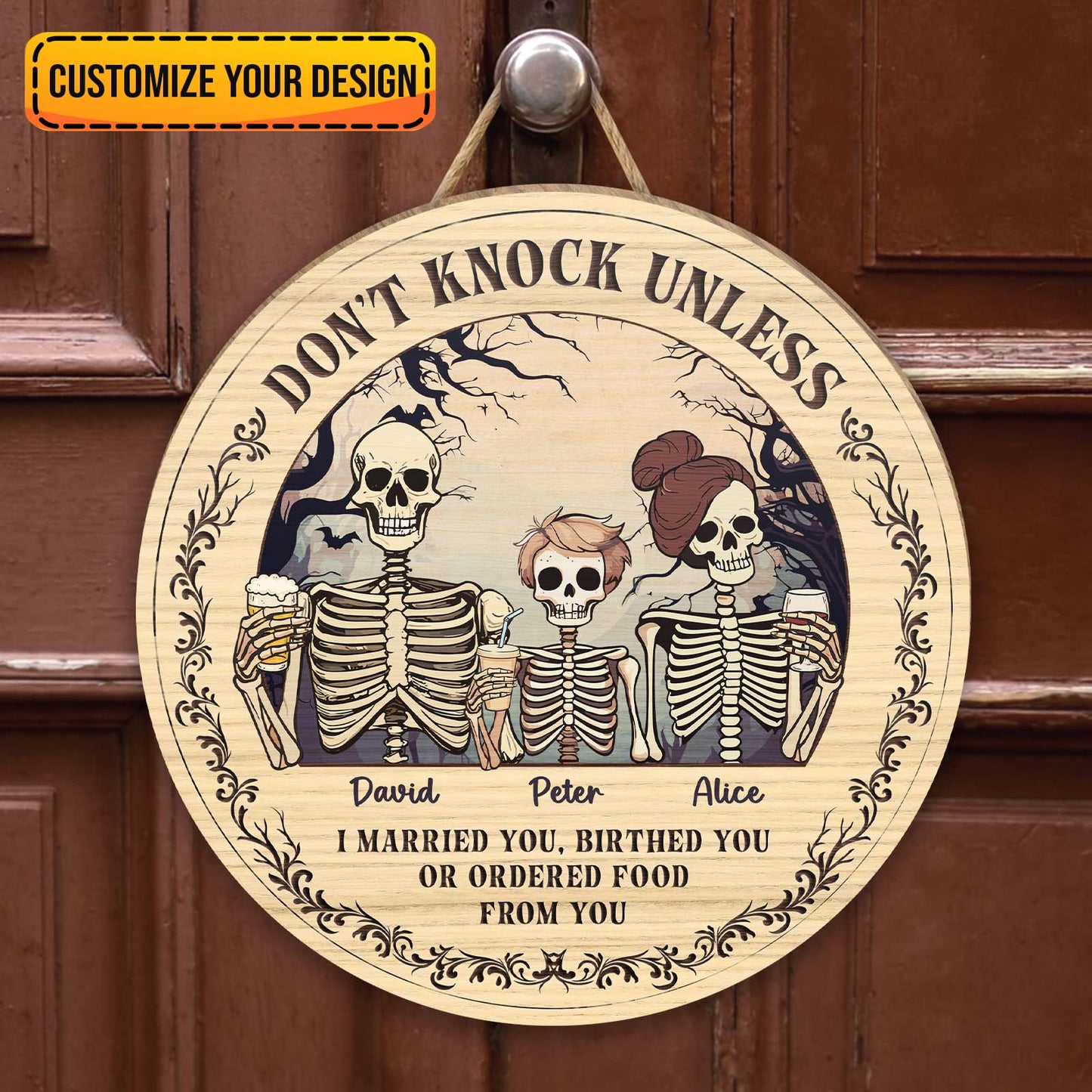 Personalized Halloween wooden door sign featuring skeletons and customizable names for spooky decor