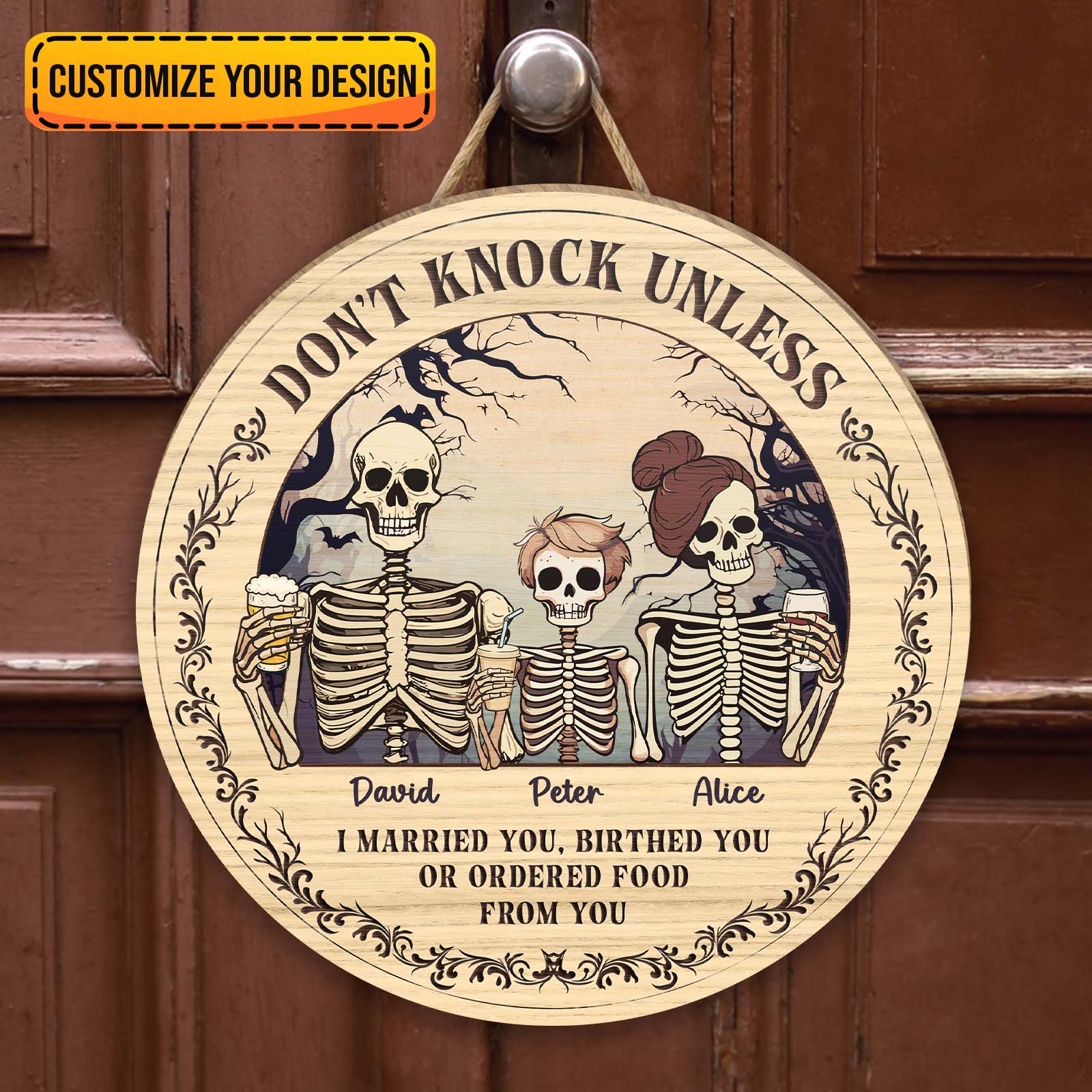 Personalized Halloween wooden door sign featuring skeletons and customizable names for spooky decor