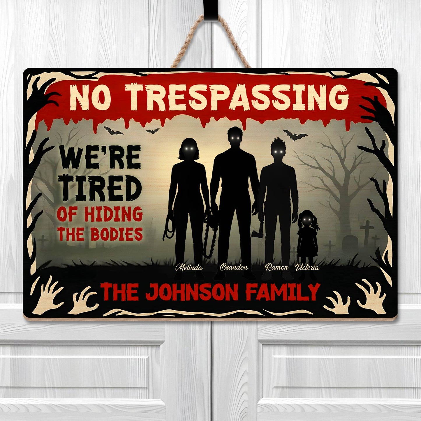 365Gifty Halloween Wooden Door Sign with No Trespassing warning family silhouettes graveyard bats and hands