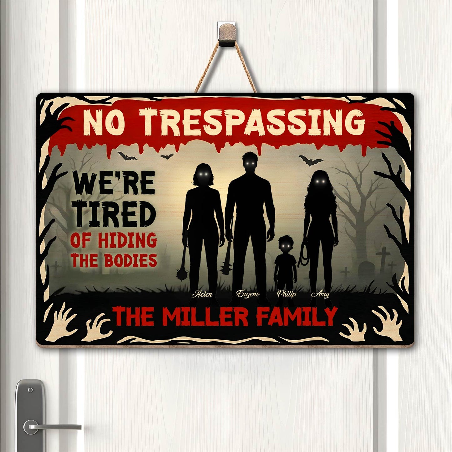Halloween Wooden Door Sign No Trespassing spooky family silhouettes bats tombstones personalized Miller Family