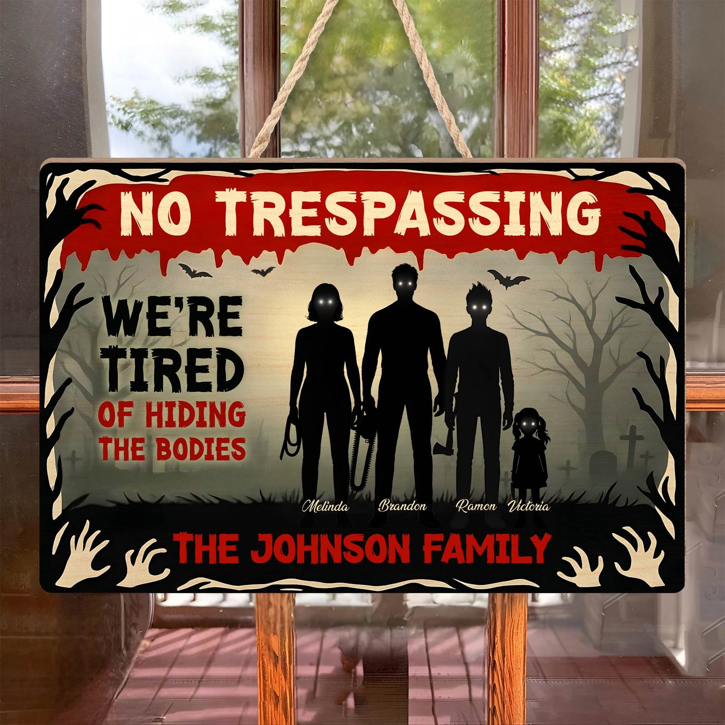 Halloween Wooden Door Sign reading Partners in Crime wooden plaque with cartoon women Jessica and Stacey