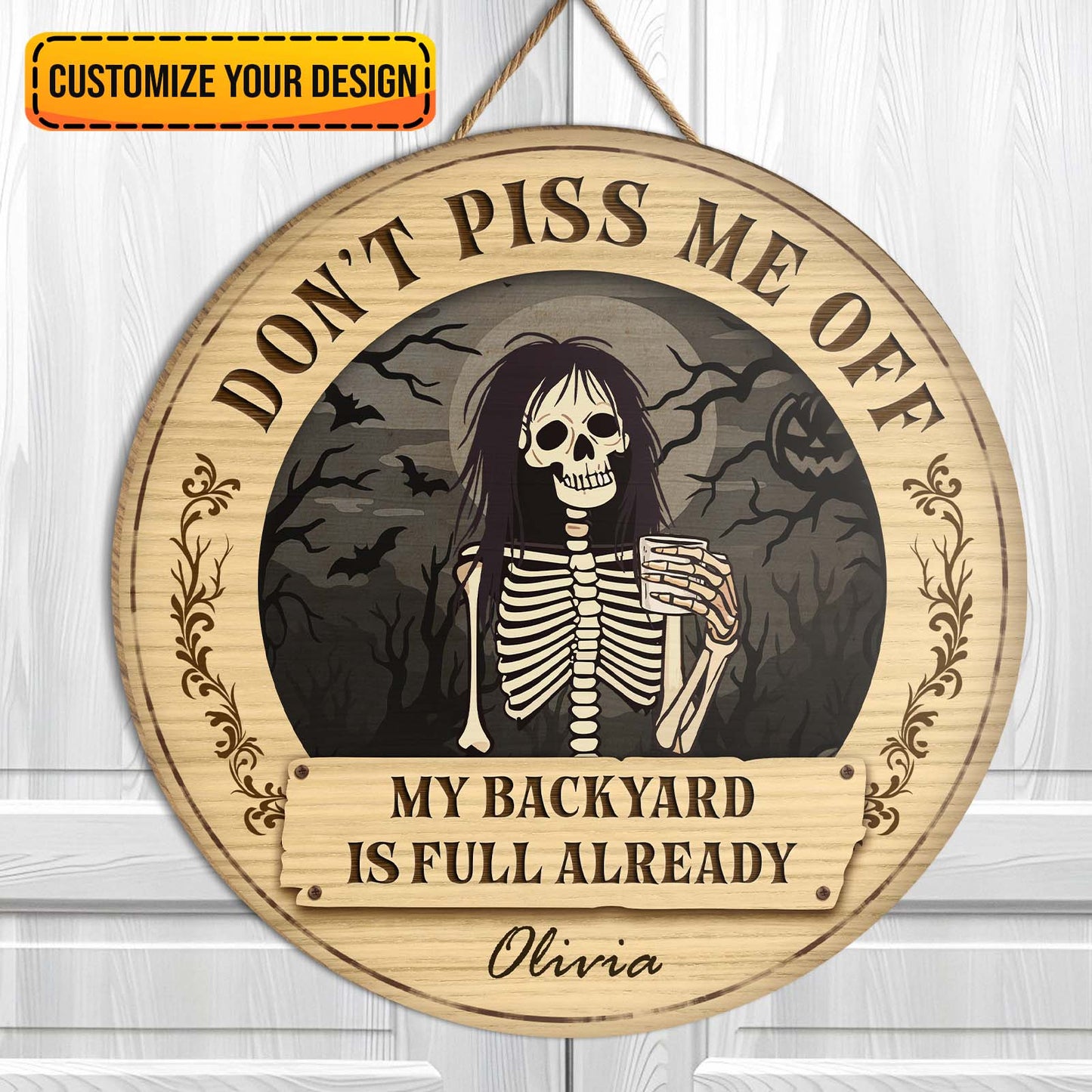 Personalized Halloween wooden door sign featuring a skeleton with a humorous message for festive decor