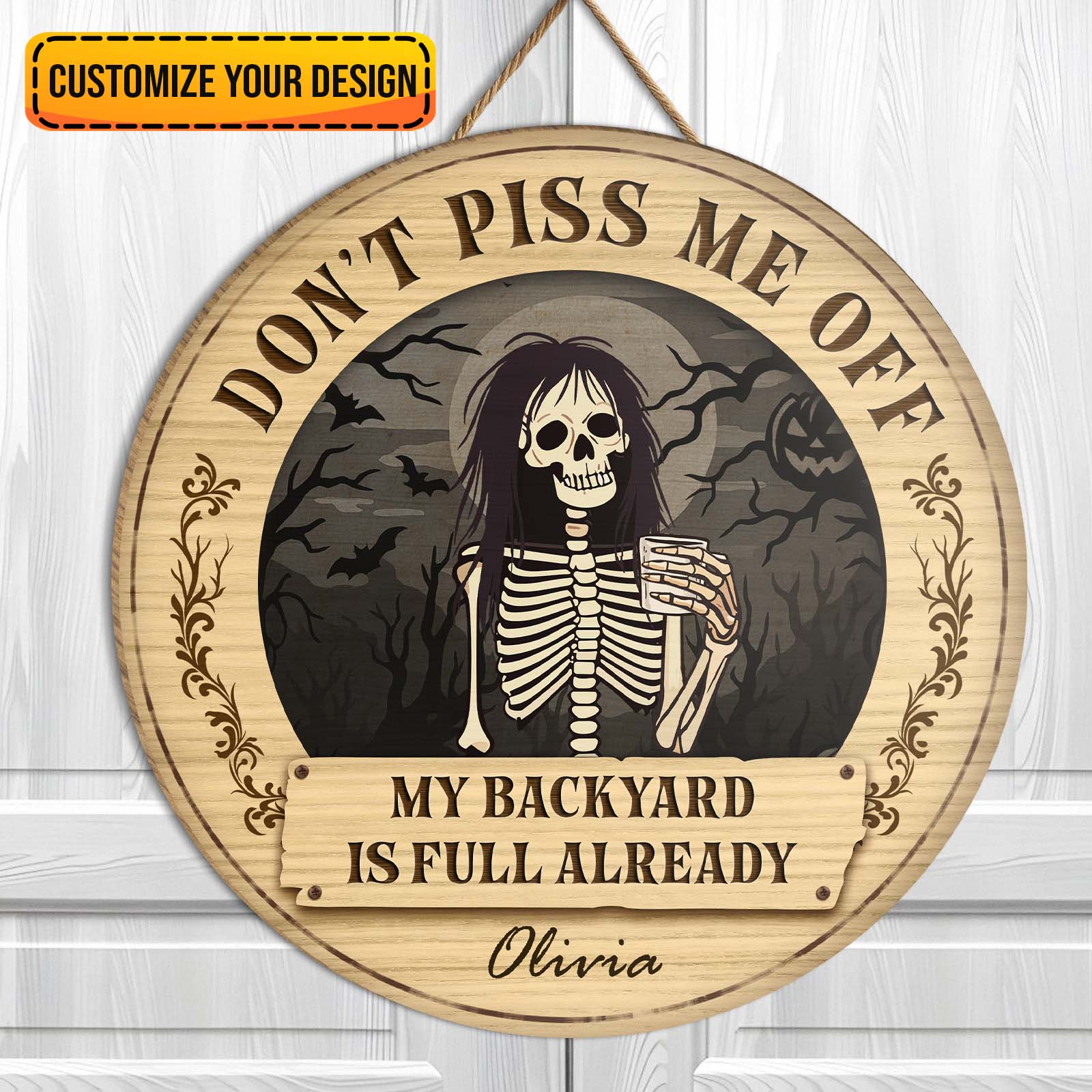 Personalized Halloween wooden door sign featuring a skeleton with a humorous message for festive decor
