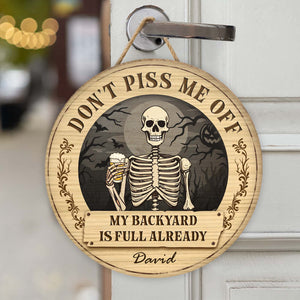 Personalized Halloween wooden door sign featuring a skeleton holding a beer with a humorous message