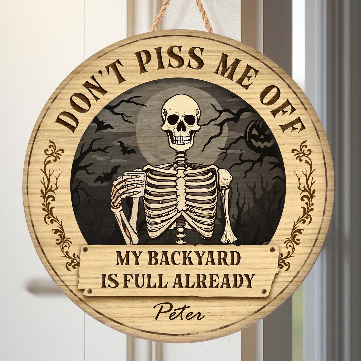 Personalized Halloween wooden door sign featuring a skeleton and spooky decor for festive decoration