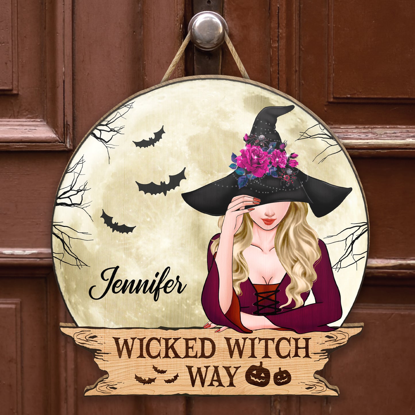 Personalized Halloween wooden door sign featuring a witch design with the name Jennifer and spooky bats