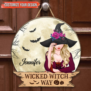 Personalized Halloween wooden door sign featuring a witch design and customizable name