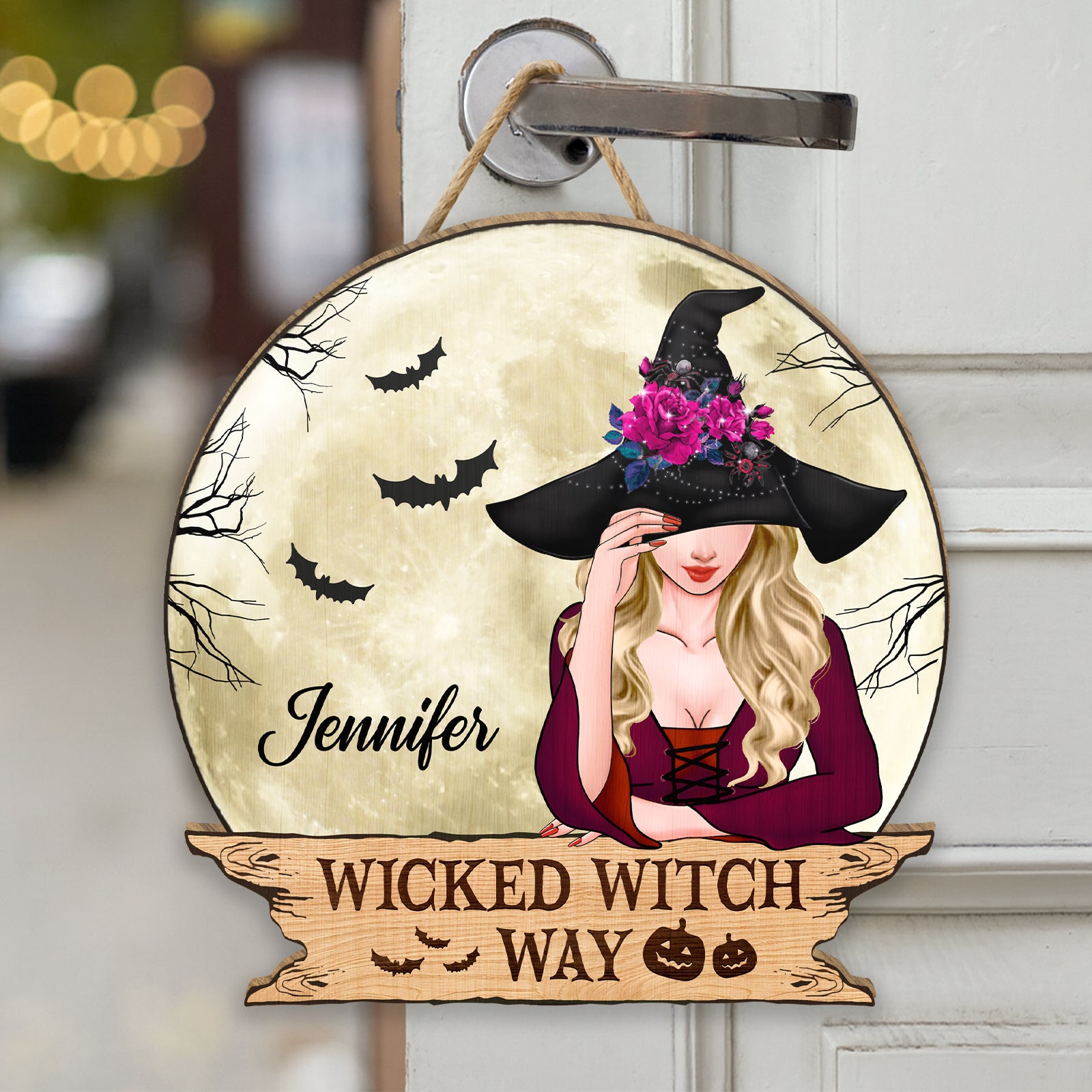 Personalized Halloween wooden door sign featuring a witch illustration and custom name option