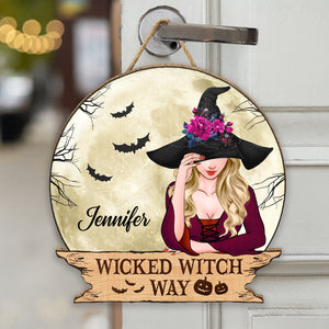 Personalized Halloween wooden door sign featuring a witch illustration and custom name option