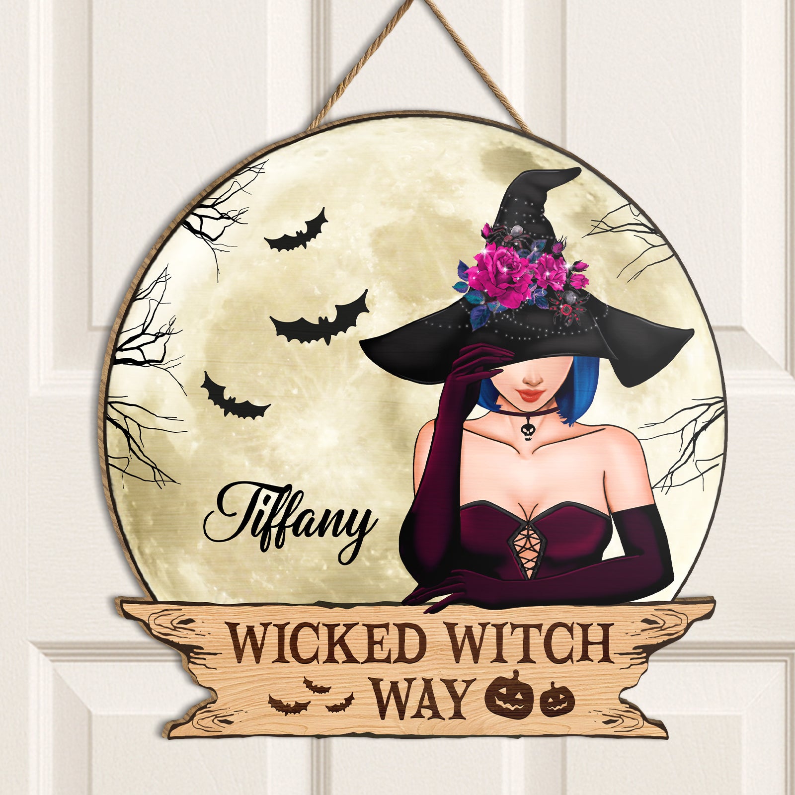 Personalized Halloween wooden door sign featuring a witch design with the name Tiffany and spooky elements