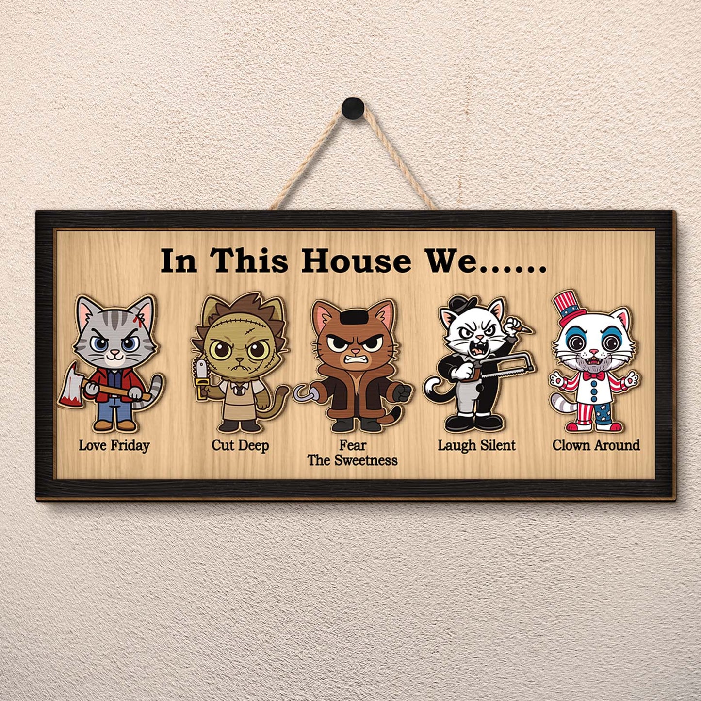 Personalized Halloween wooden sign featuring playful cartoon cats with humorous phrases