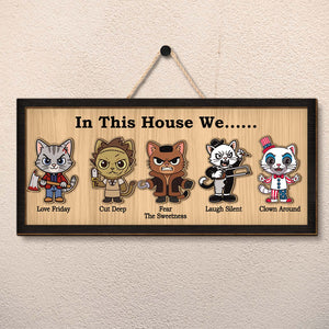Personalized Halloween wooden sign featuring playful cartoon cats with humorous phrases