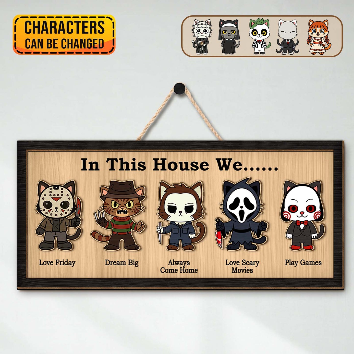Personalized Halloween wooden sign featuring customizable cartoon characters and spooky phrases.