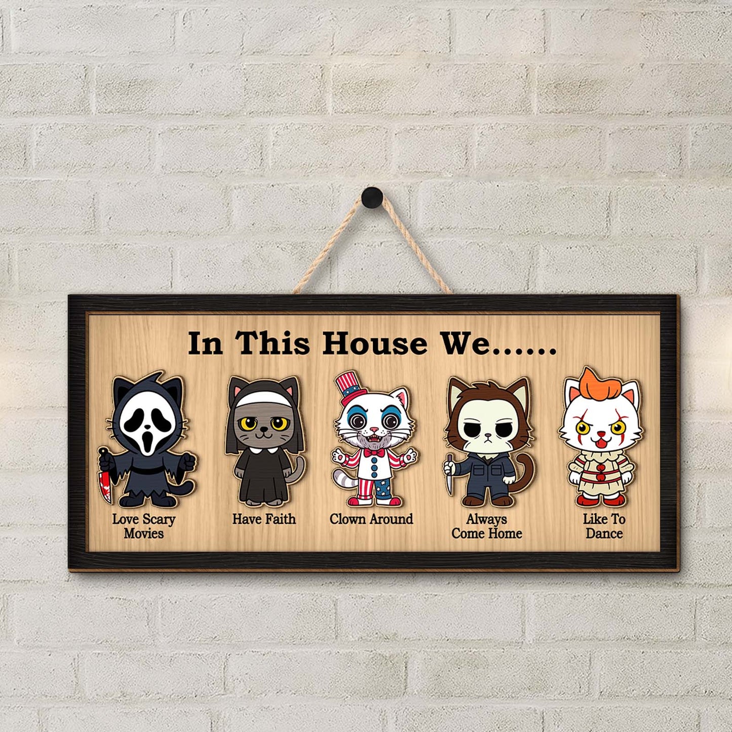 Personalized Halloween wooden sign featuring playful characters and a spooky message for festive decor