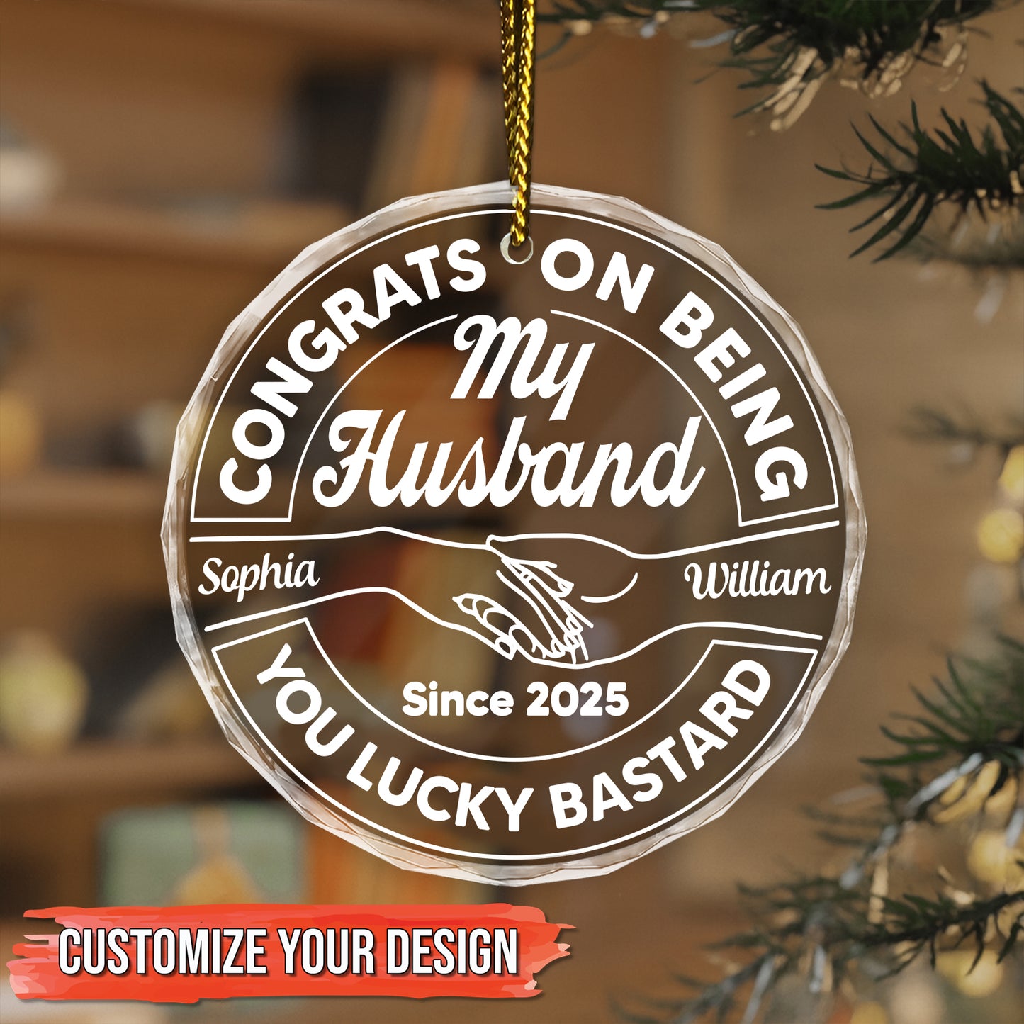 Personalized husband ornament with custom names and congrats, perfect for celebrating a special occasion
