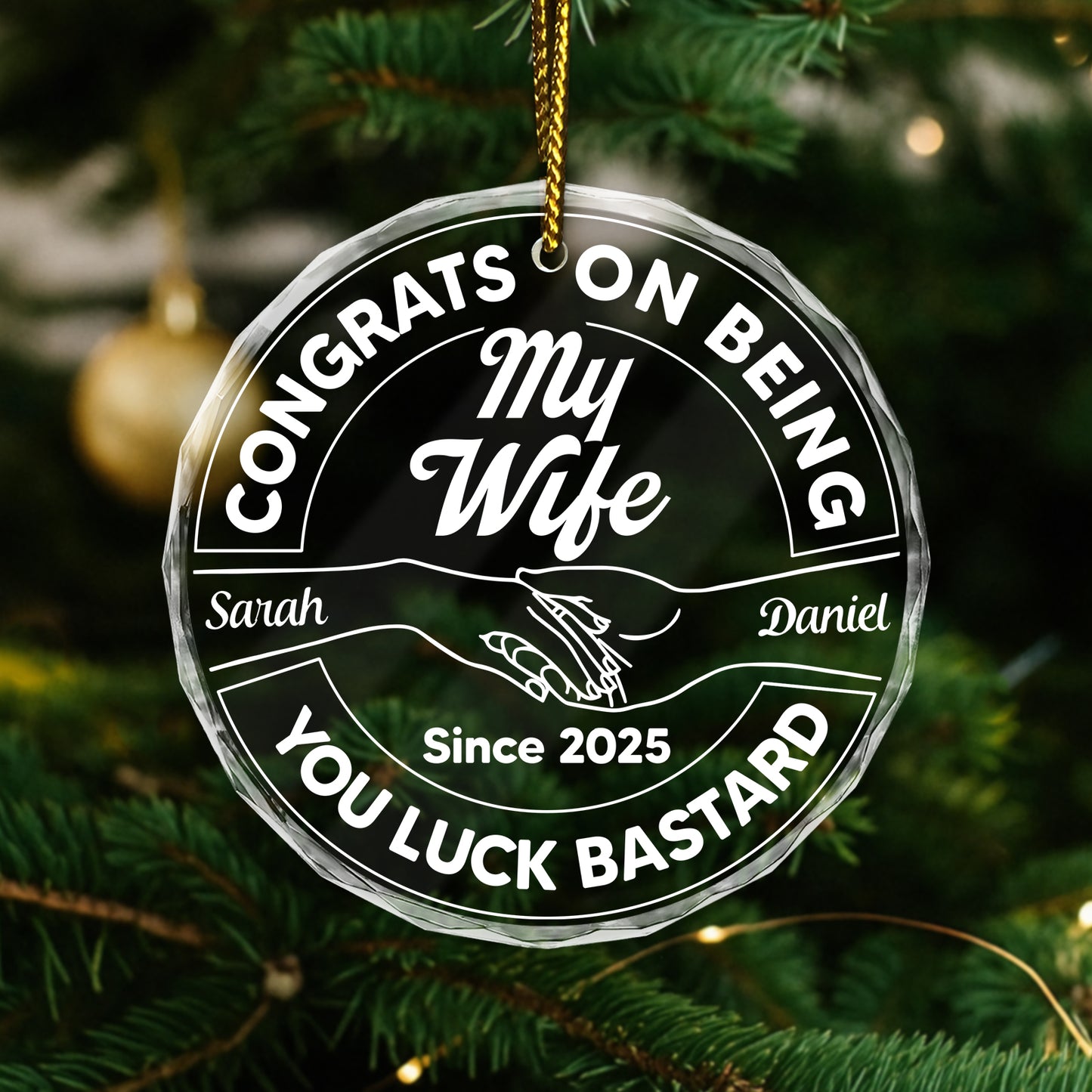 Personalized husband ornament featuring custom names and a playful message for a unique holiday gift