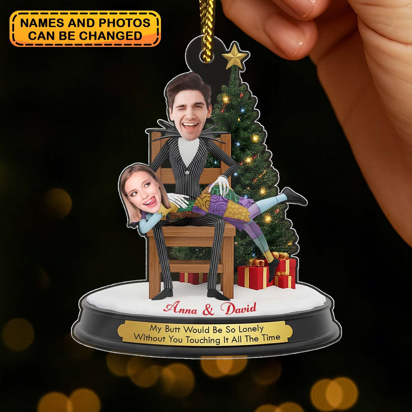 Personalized Jack and Sally Christmas ornament featuring custom names and photos for a festive touch