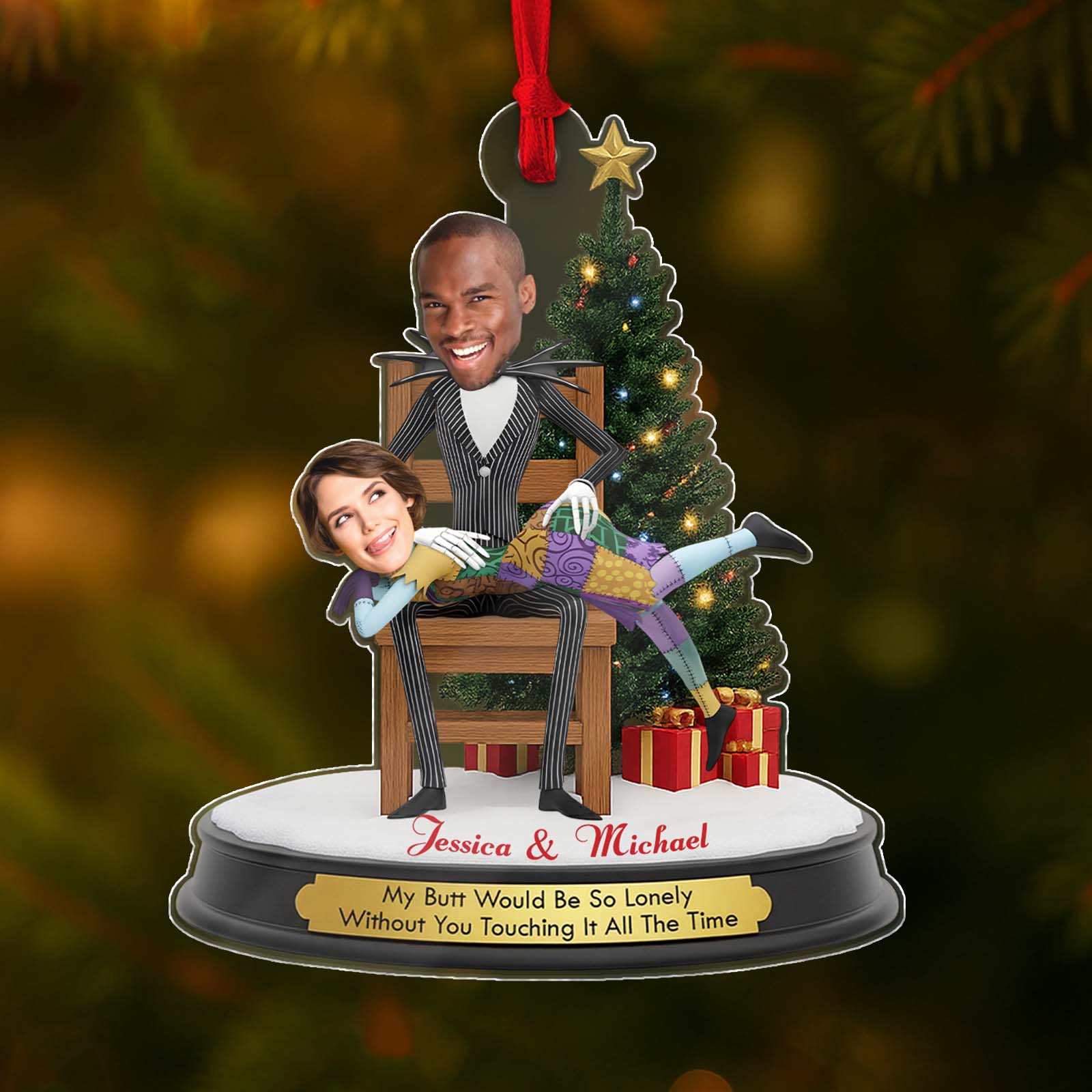 Personalized Jack and Sally Christmas ornament featuring custom names and a playful message