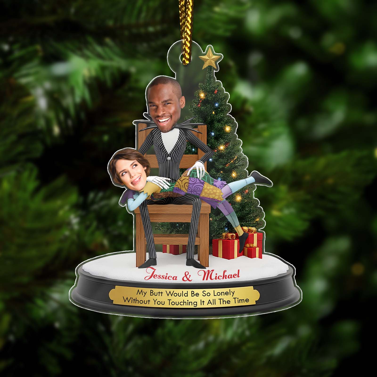 Personalized Jack and Sally Christmas ornament featuring a couple with festive decorations