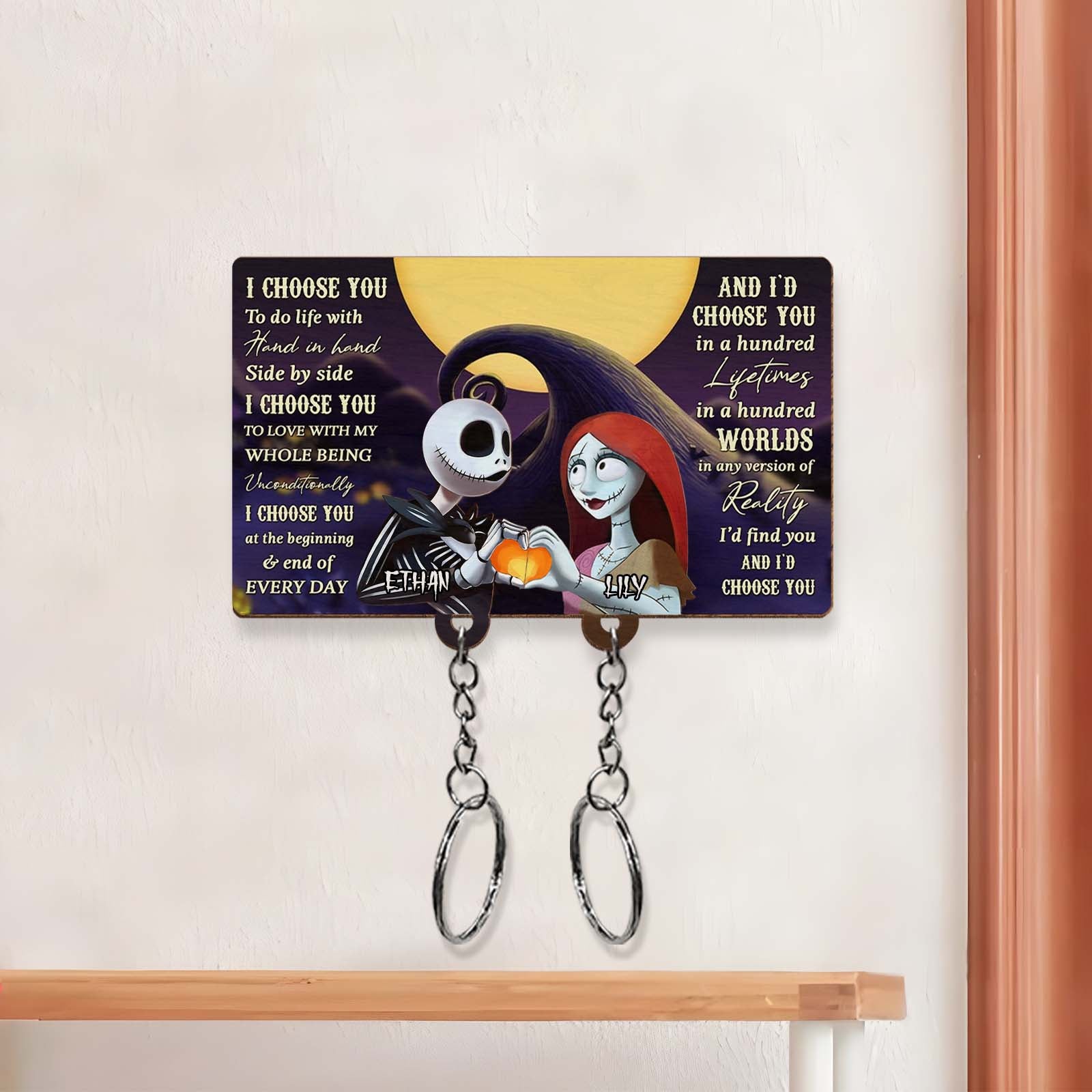 Personalized Jack and Sally keychain with a heartfelt design featuring quotes for couples