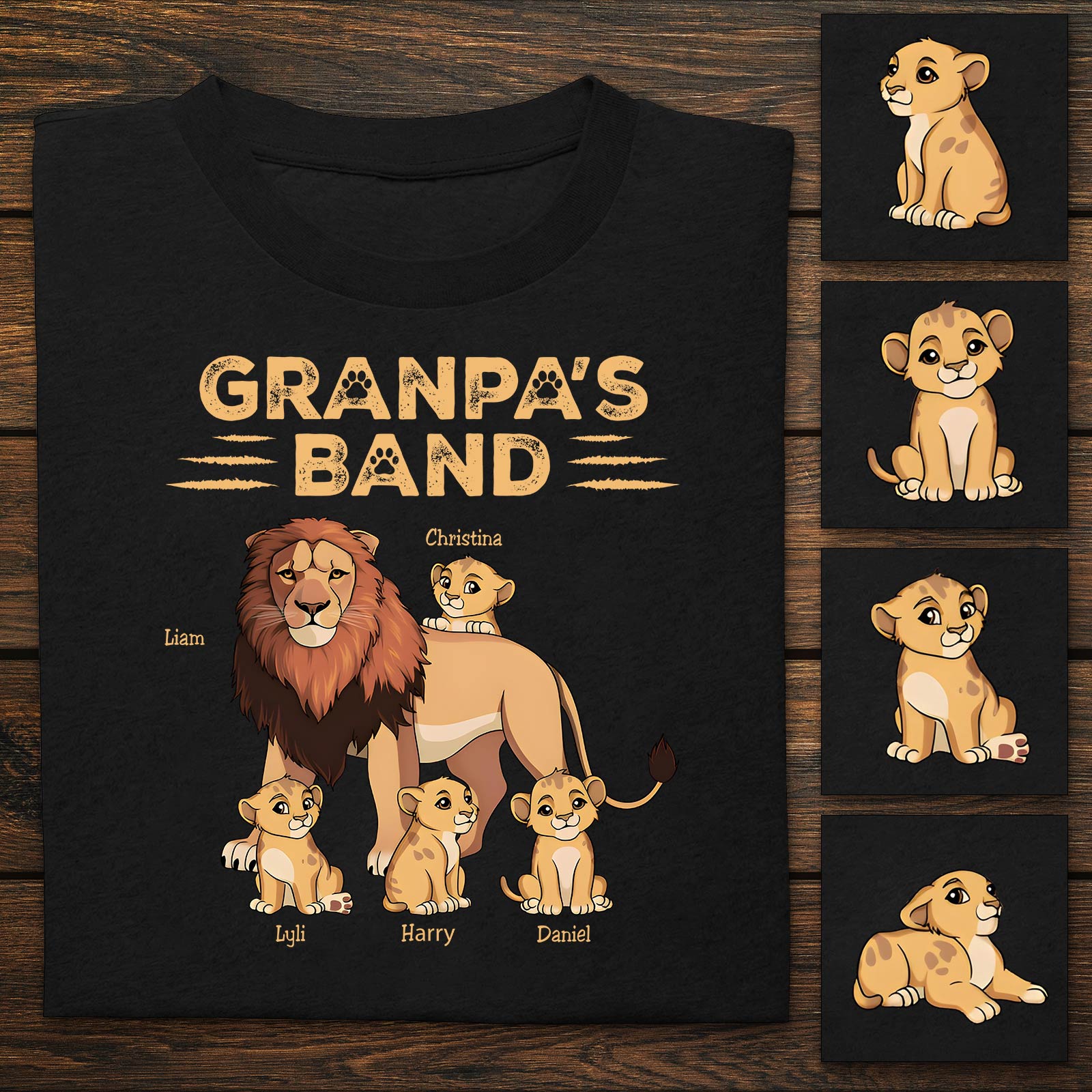 Personalized lion dad shirt featuring a lion and cubs with custom names Grandpa's Band design