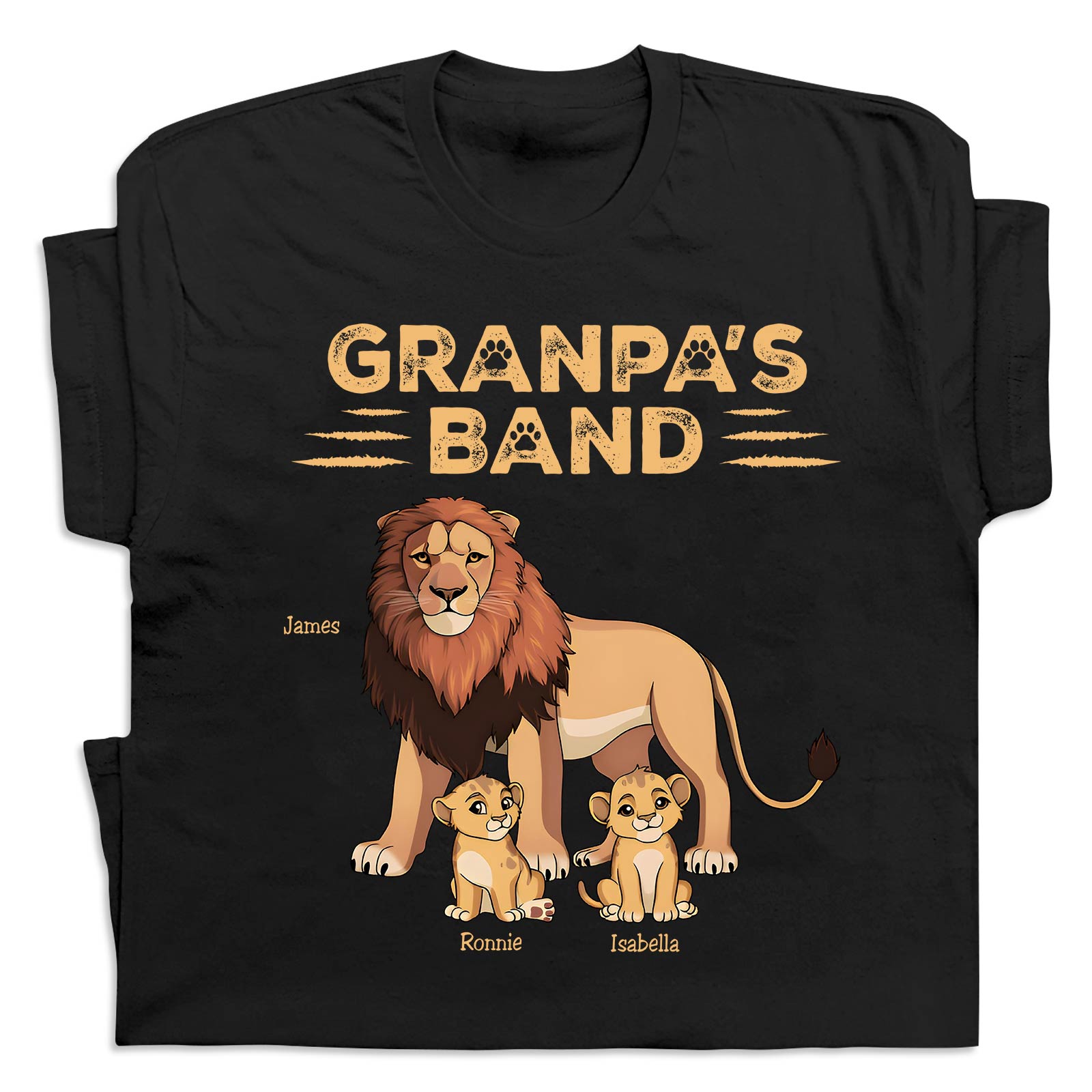 Black personalized lion dad shirt with a lion family graphic and names James Ronnie Isabella