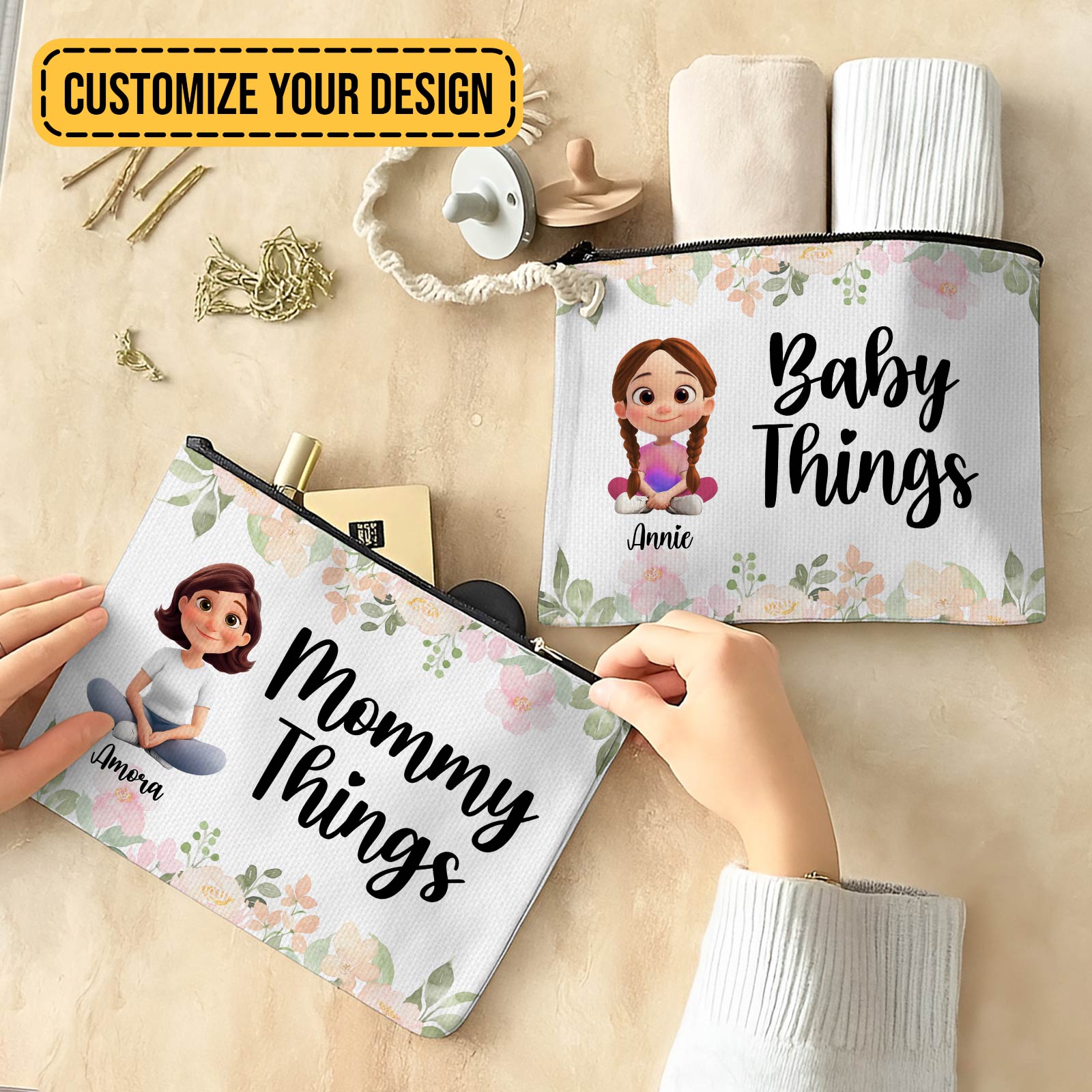 Personalized makeup bag with floral design, customizable for names like Mommy and Baby Things