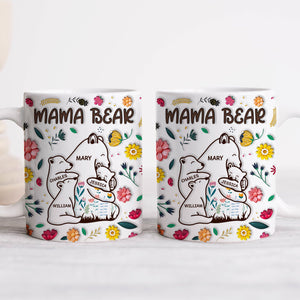 Personalized mama bear mug featuring floral designs and customizable names for a unique gift
