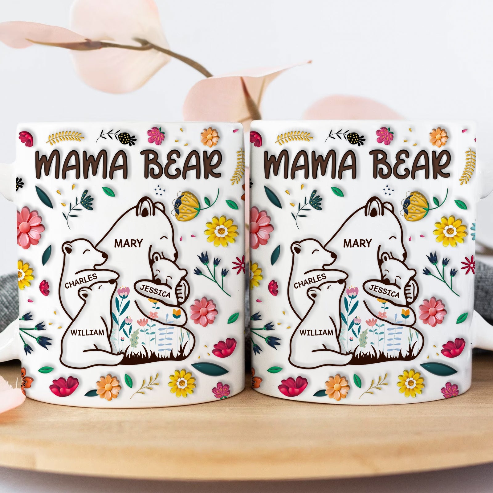 Personalized mama bear mug featuring floral designs and names for a heartfelt gift