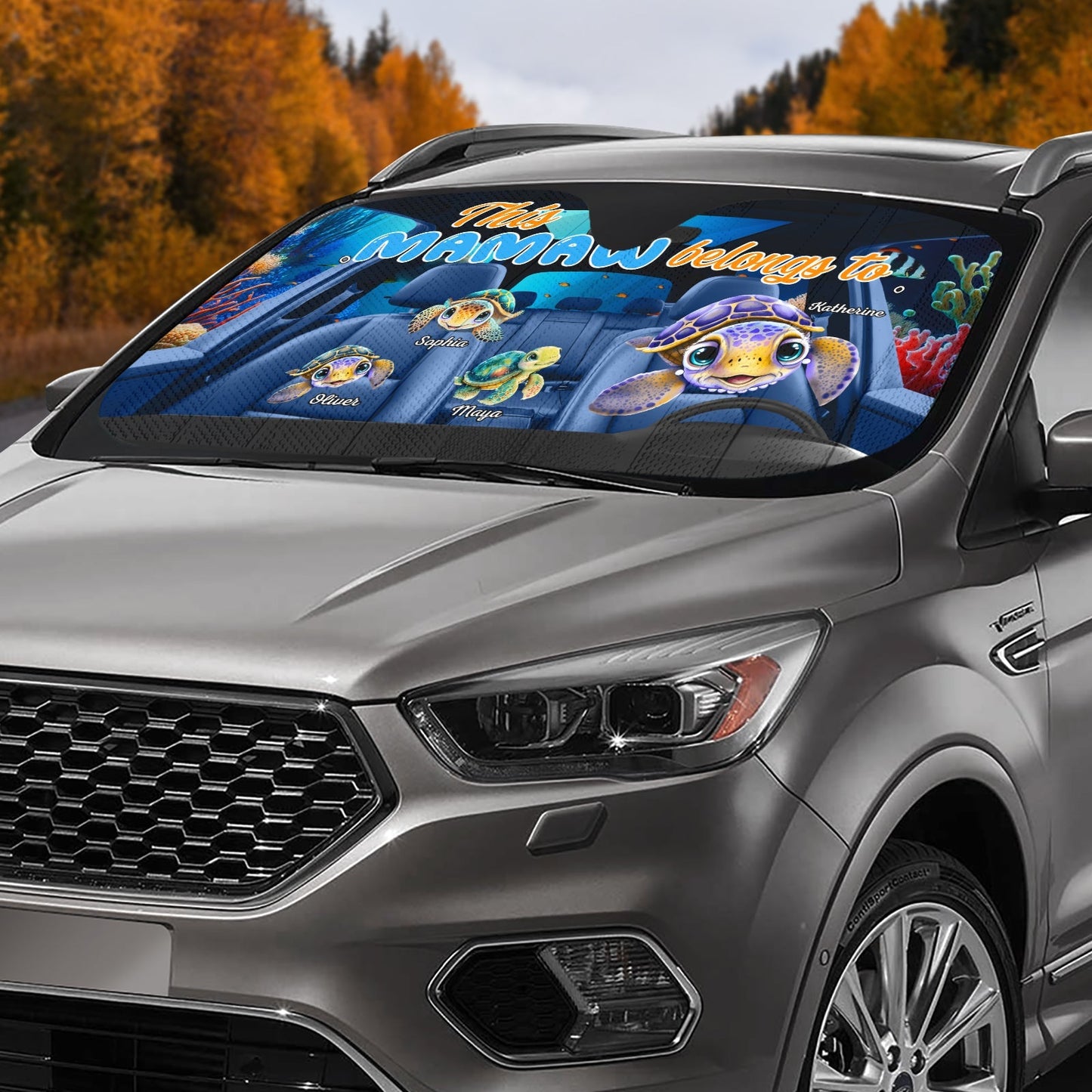 Personalized mamaw car sunshade featuring colorful underwater scene with characters and text