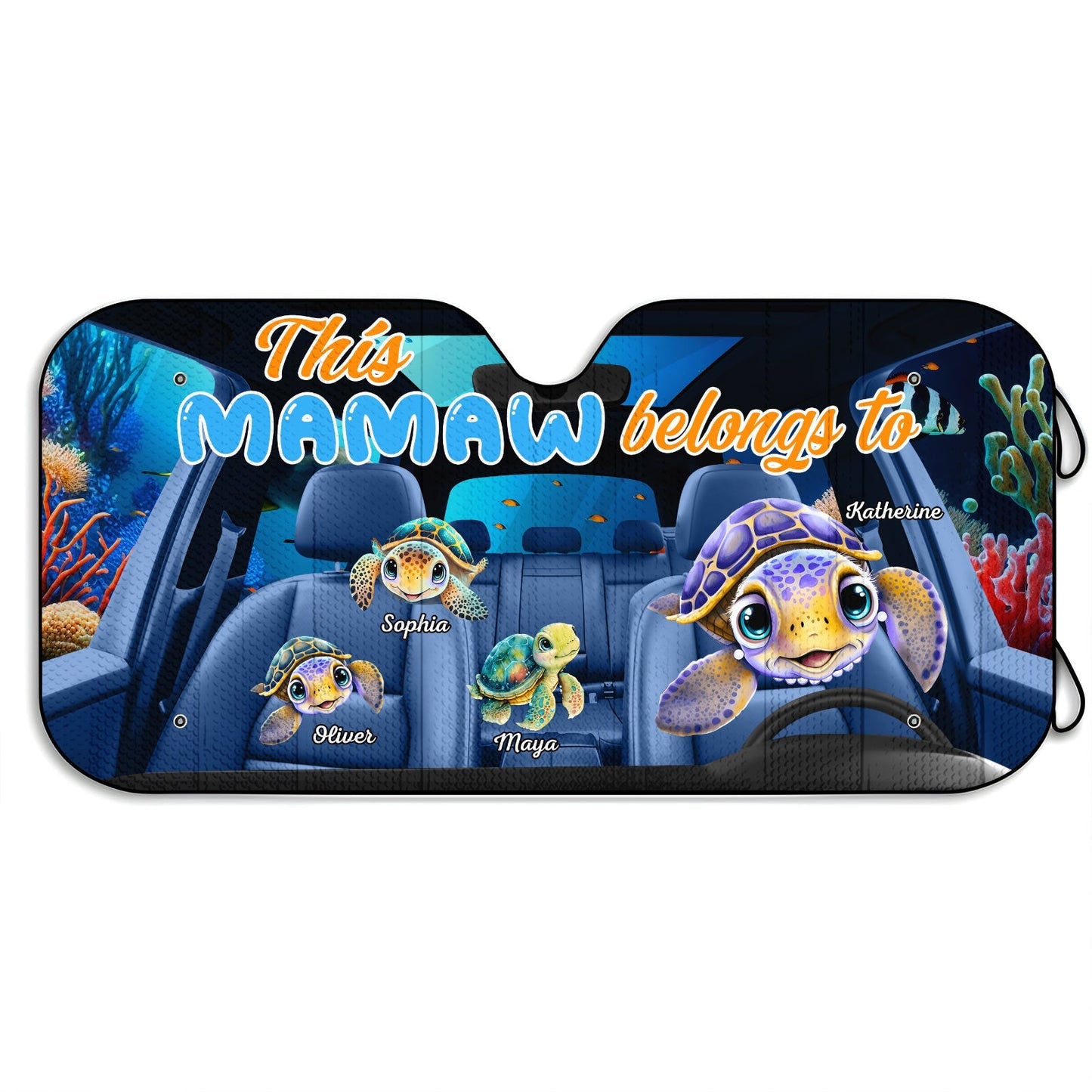 Personalized mamaw car sunshade featuring colorful turtles and customizable names in a fun design