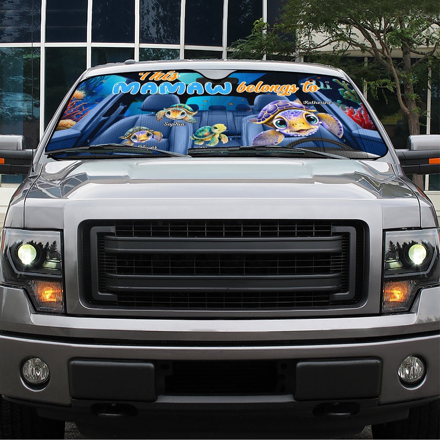 Personalized mamaw car sunshade featuring cute animal designs and colorful graphics
