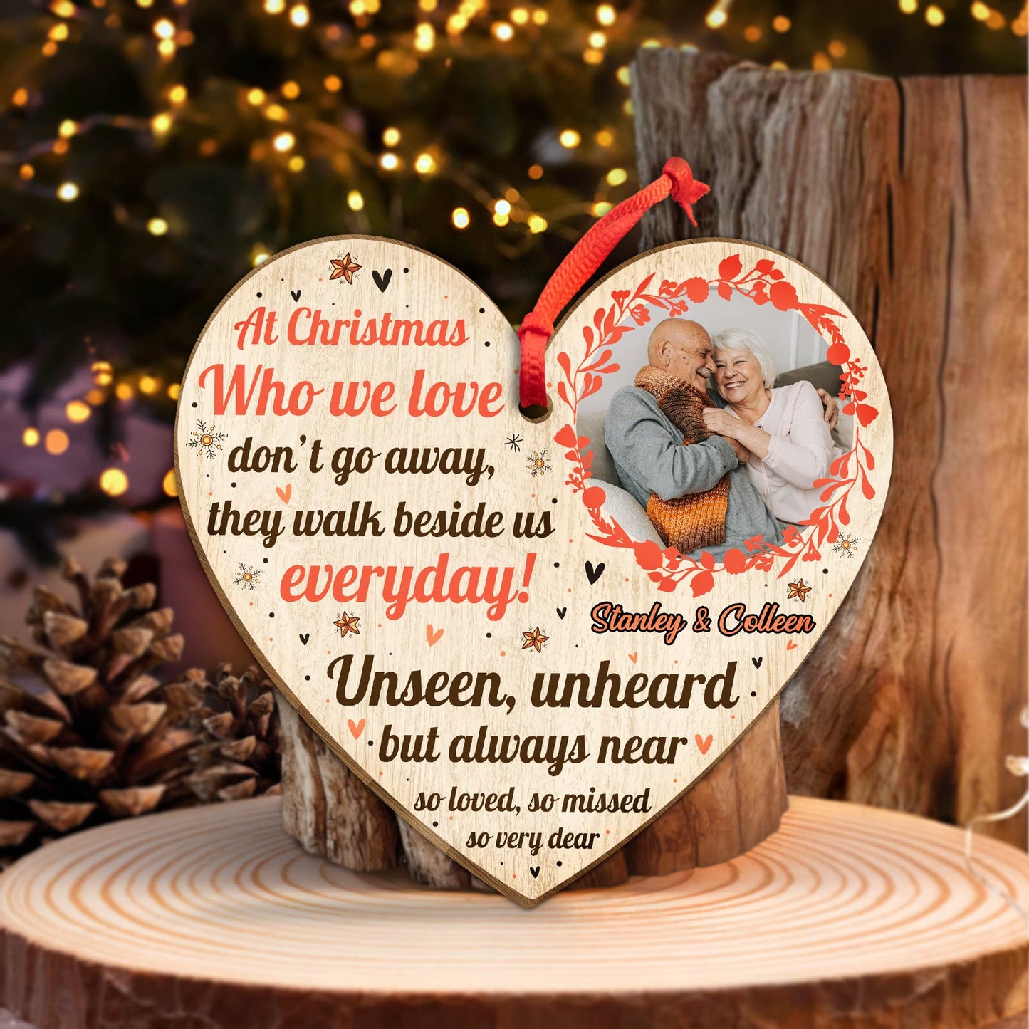 Personalized memorial Christmas ornament heart shaped with photo and sentimental holiday message