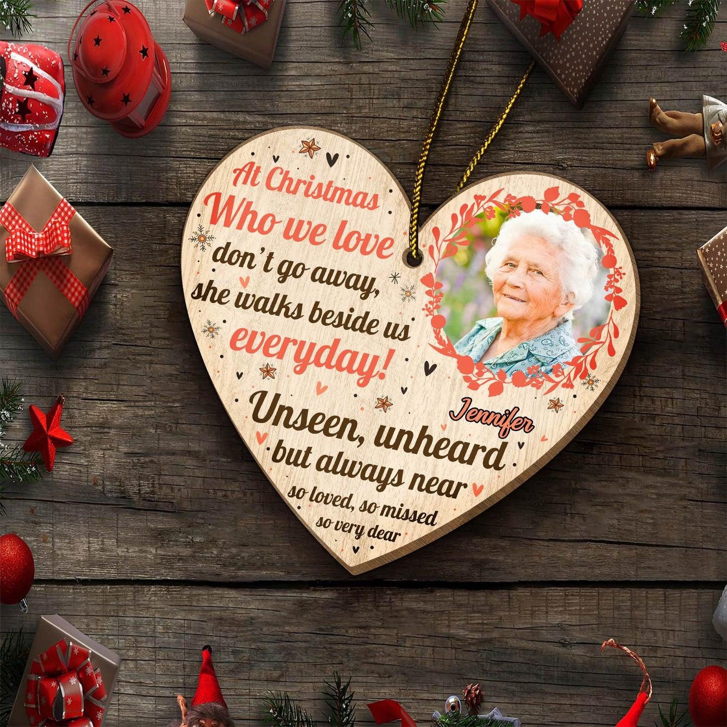 Personalized memorial Christmas ornament heart-shaped with photo and loving message by 365Gifty