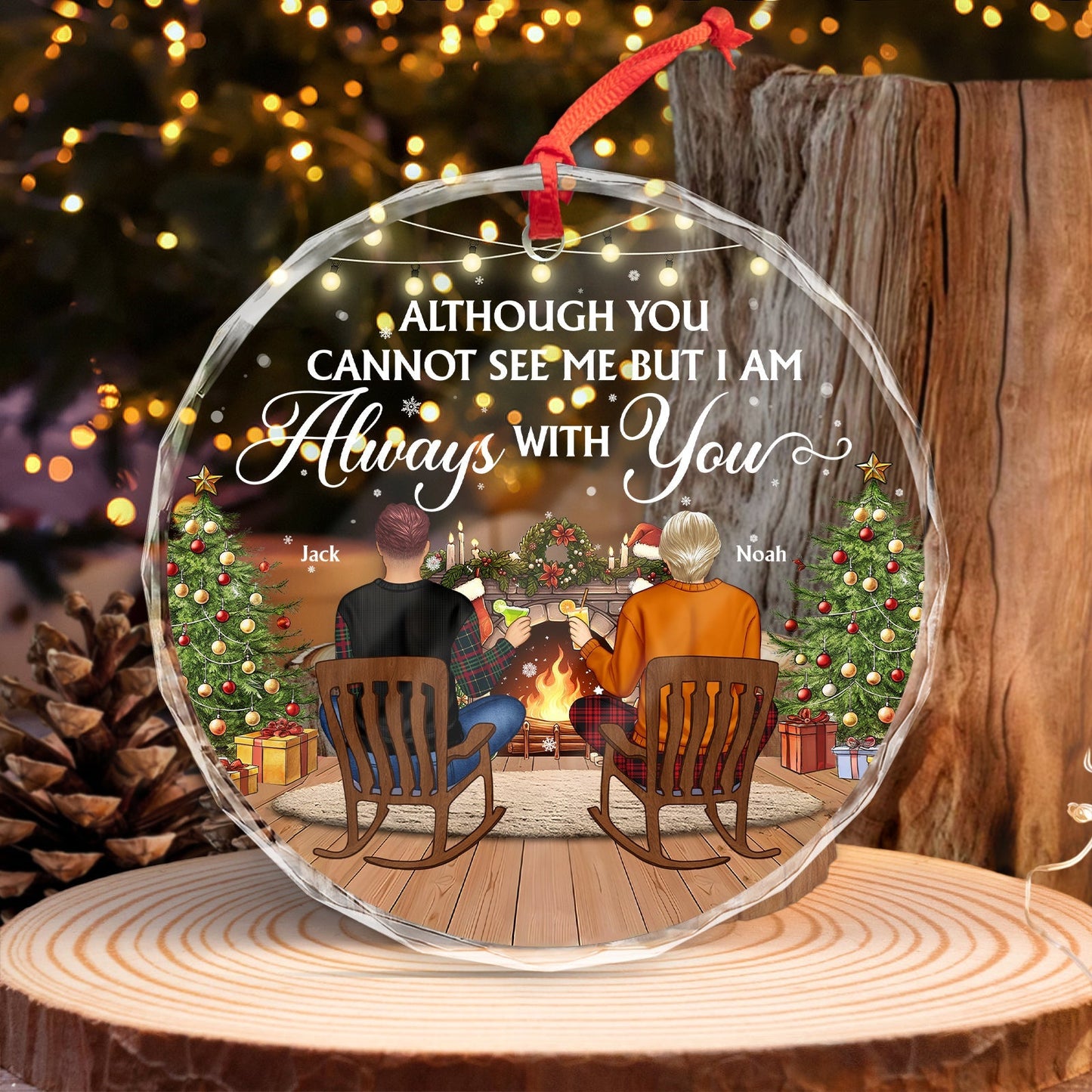 Personalized memorial couple ornament with two men sitting by fireplace and Christmas trees