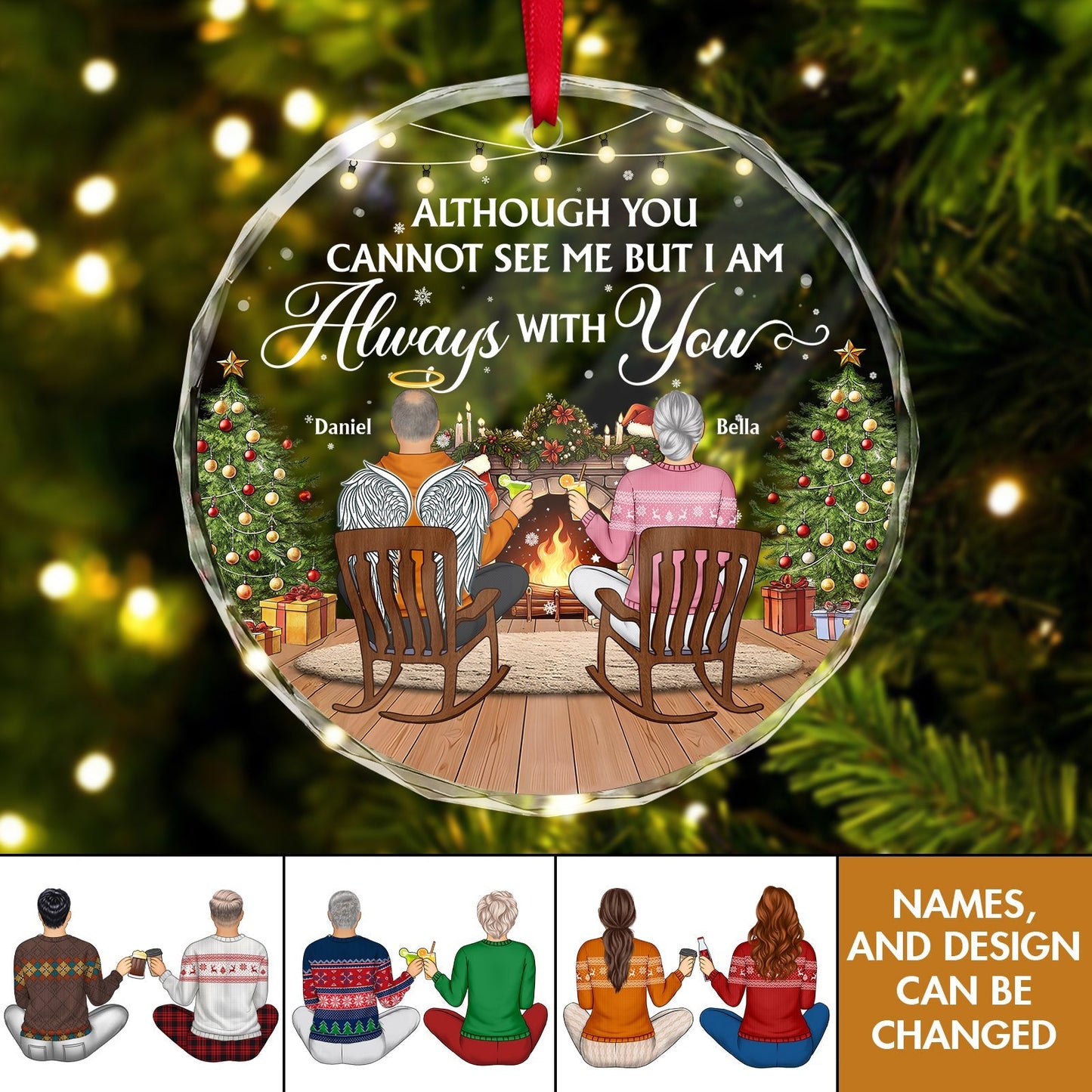 Personalized memorial couple ornament featuring a cozy scene by the fireplace with names Daniel and Bella