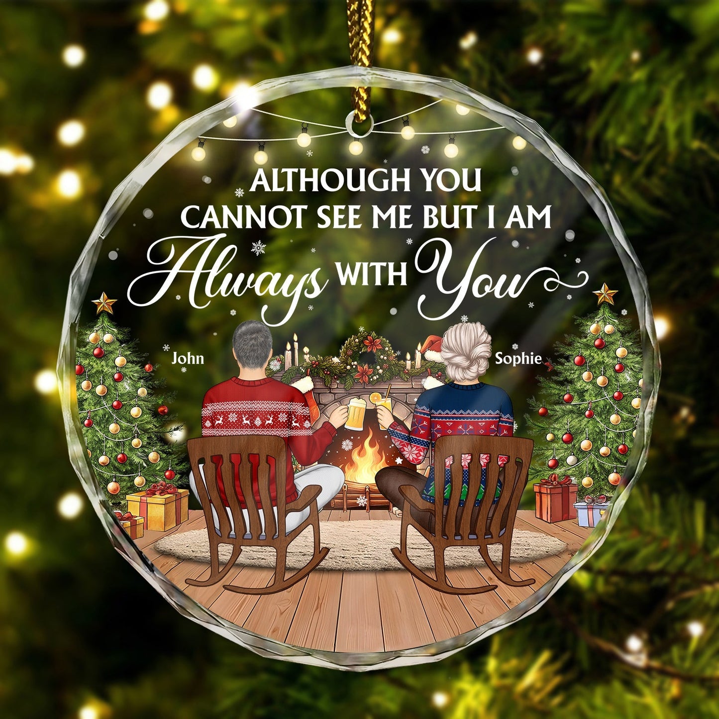 365Gifty personalized memorial couple ornament with couple by fireplace and Christmas trees