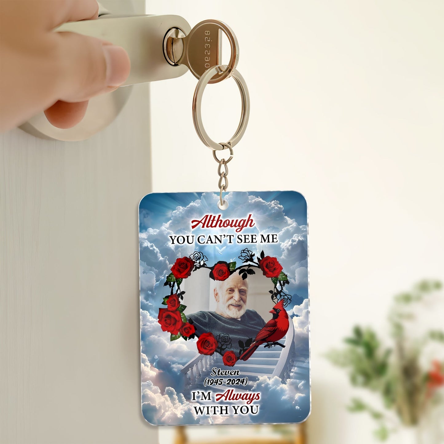 Personalized memorial keychain featuring a heartfelt message and a photo for remembrance
