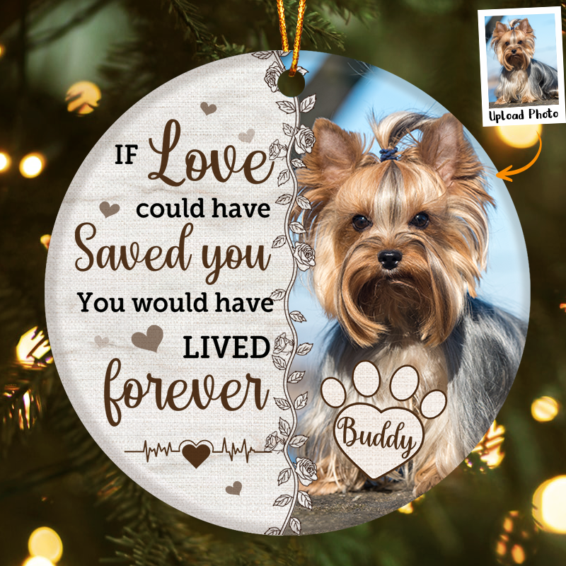 Personalized memorial photo ornament with dog's picture and loving message for pet remembrance