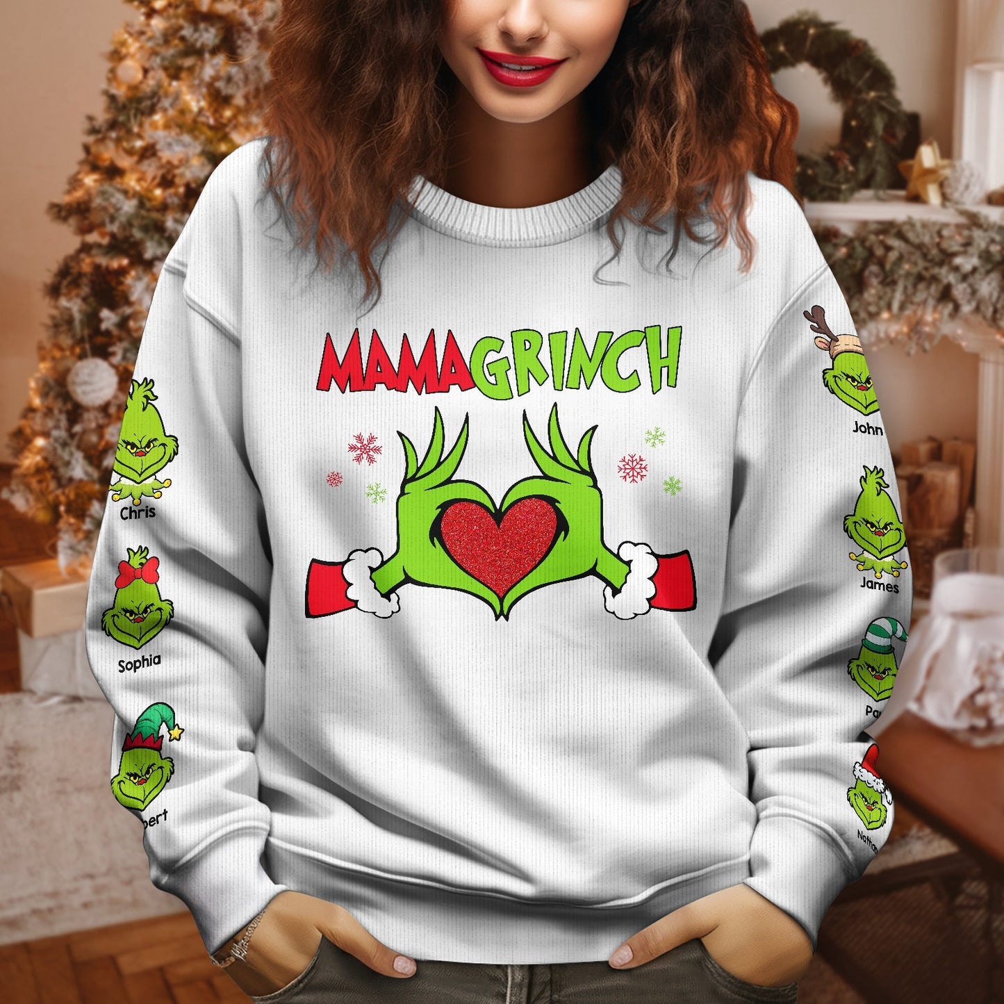 White personalized Mimi Grinch Christmas shirt with colorful Grinch designs and custom names on sleeves