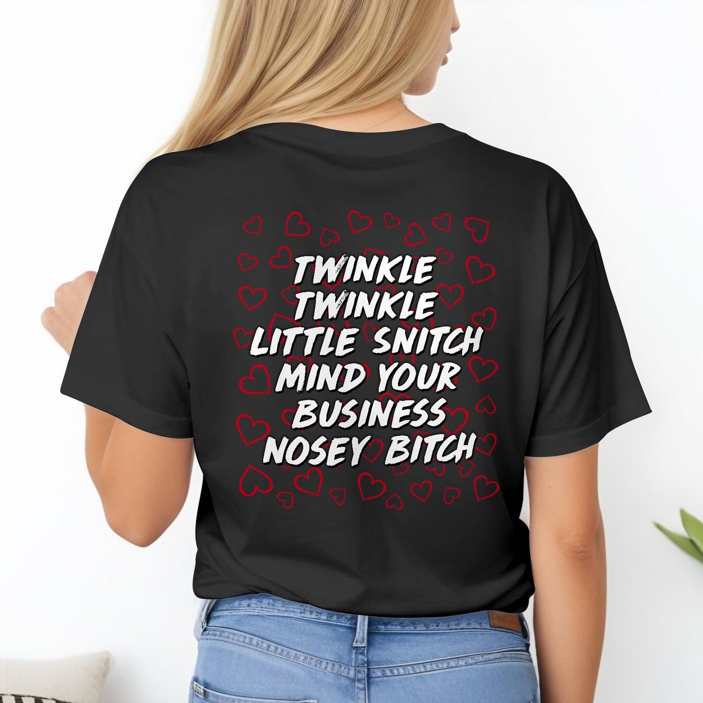Personalized mind your business t-shirt in black with bold white text and red heart design on back