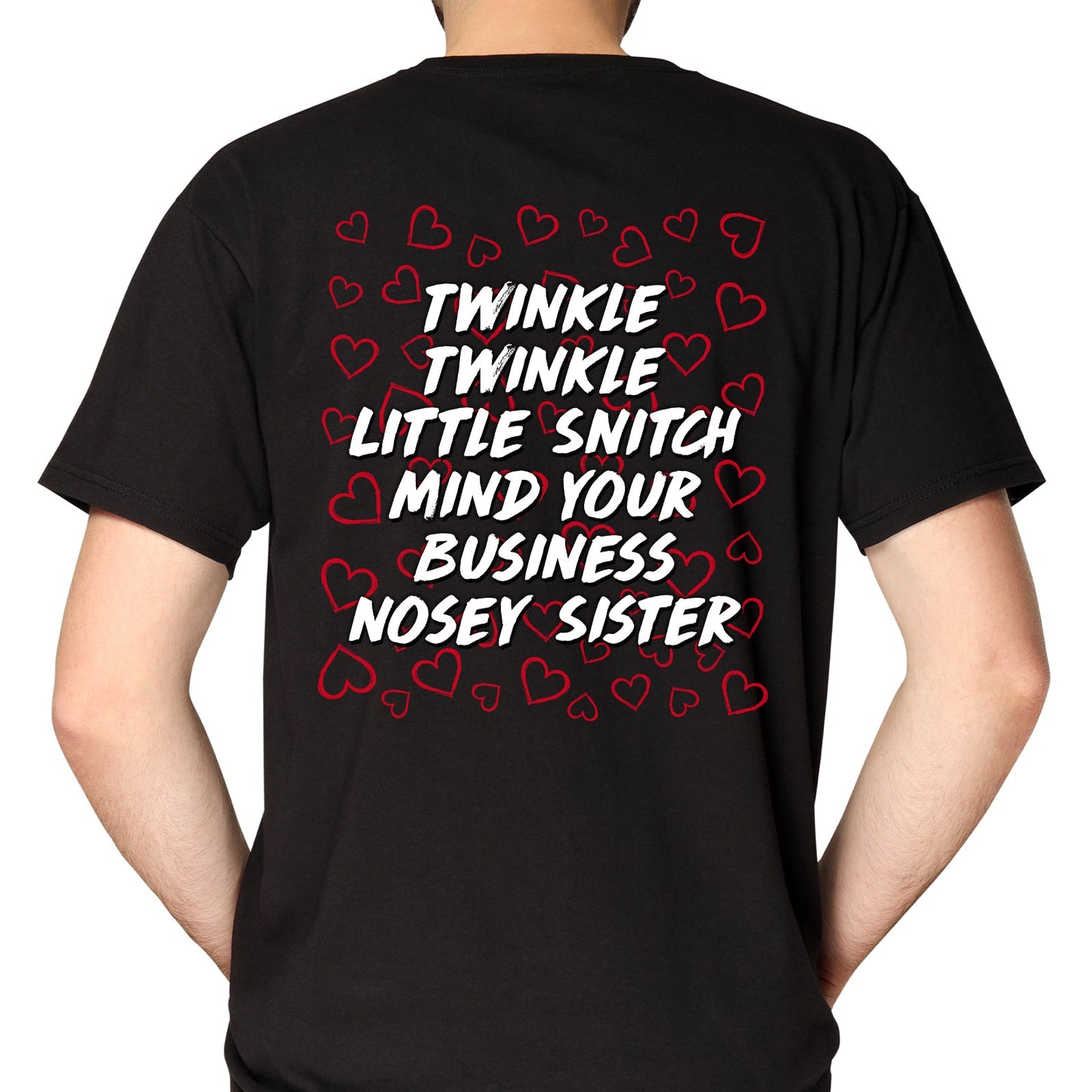 Black personalized mind your business t-shirt with white text and red hearts on the back